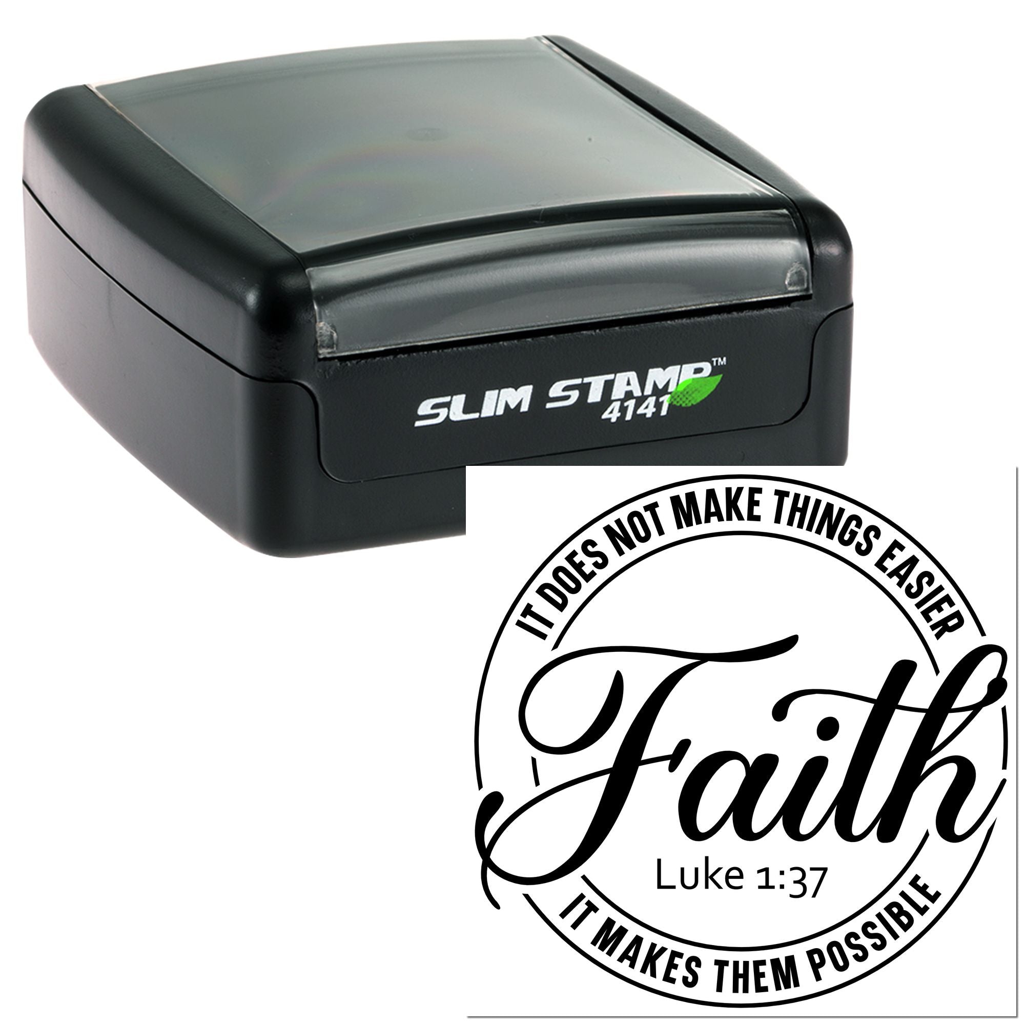 Slim Stamp 4141 self-inking rubber stamp with custom Christian faith design and Luke 1:37 inspirational Bible verse text.