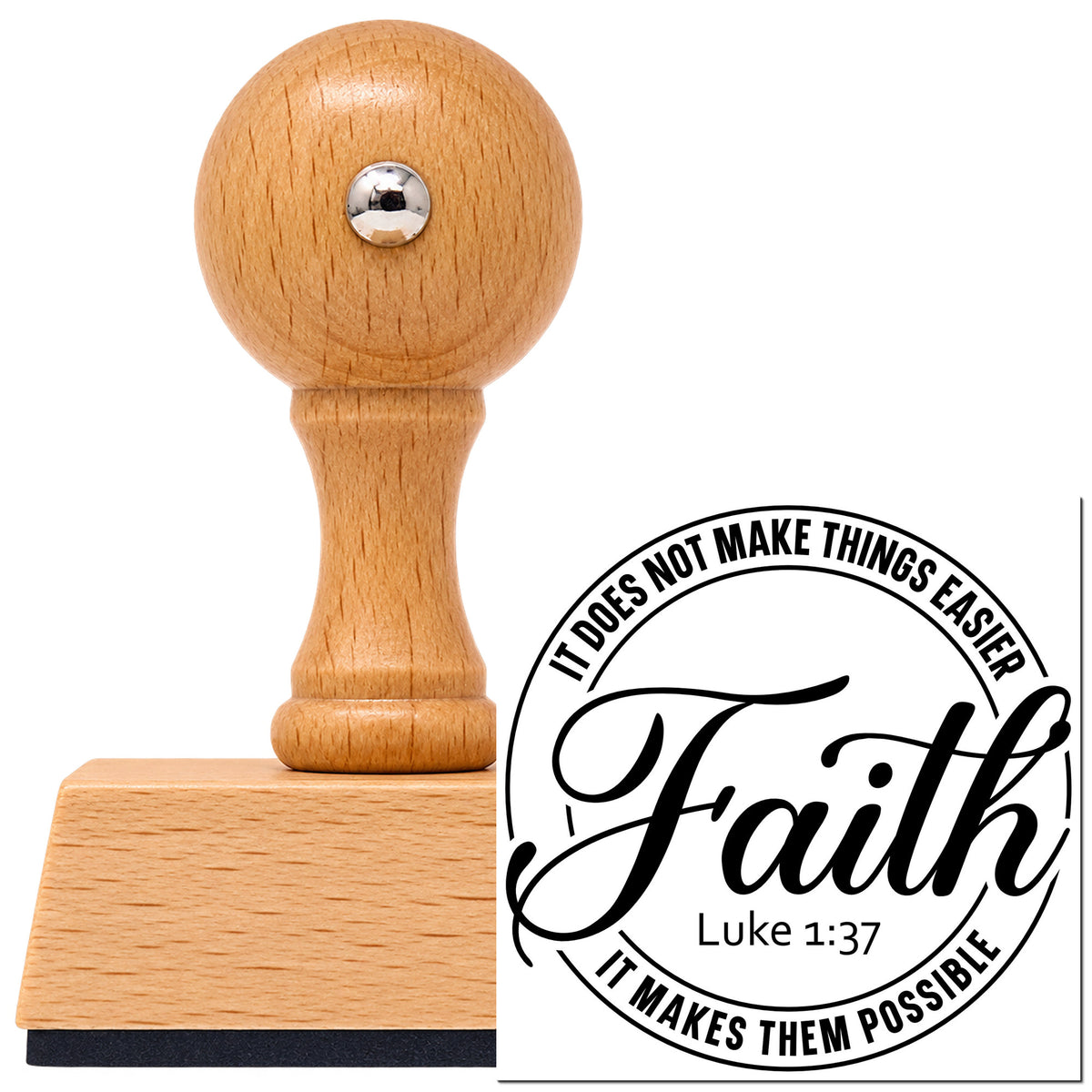 Faith Makes Possible Circle Vintage Pro rubber stamp in European beech wood with a round knob handle, shown beside its black imprint.
