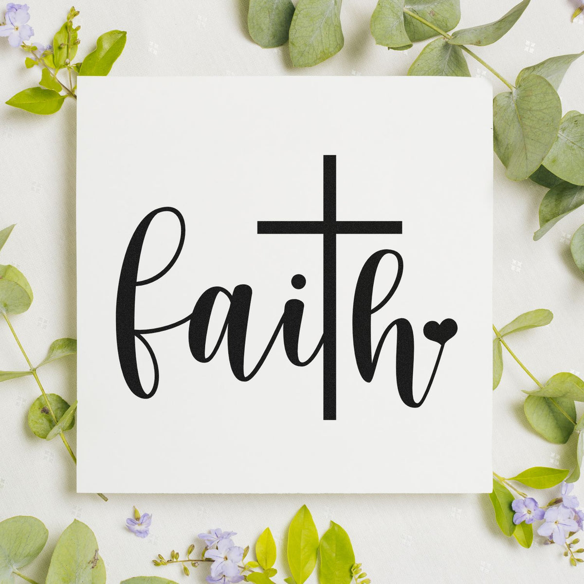 Faith cross rubber stamp design with script lettering for Bible journaling, Christian cards, and handmade craft projects.
