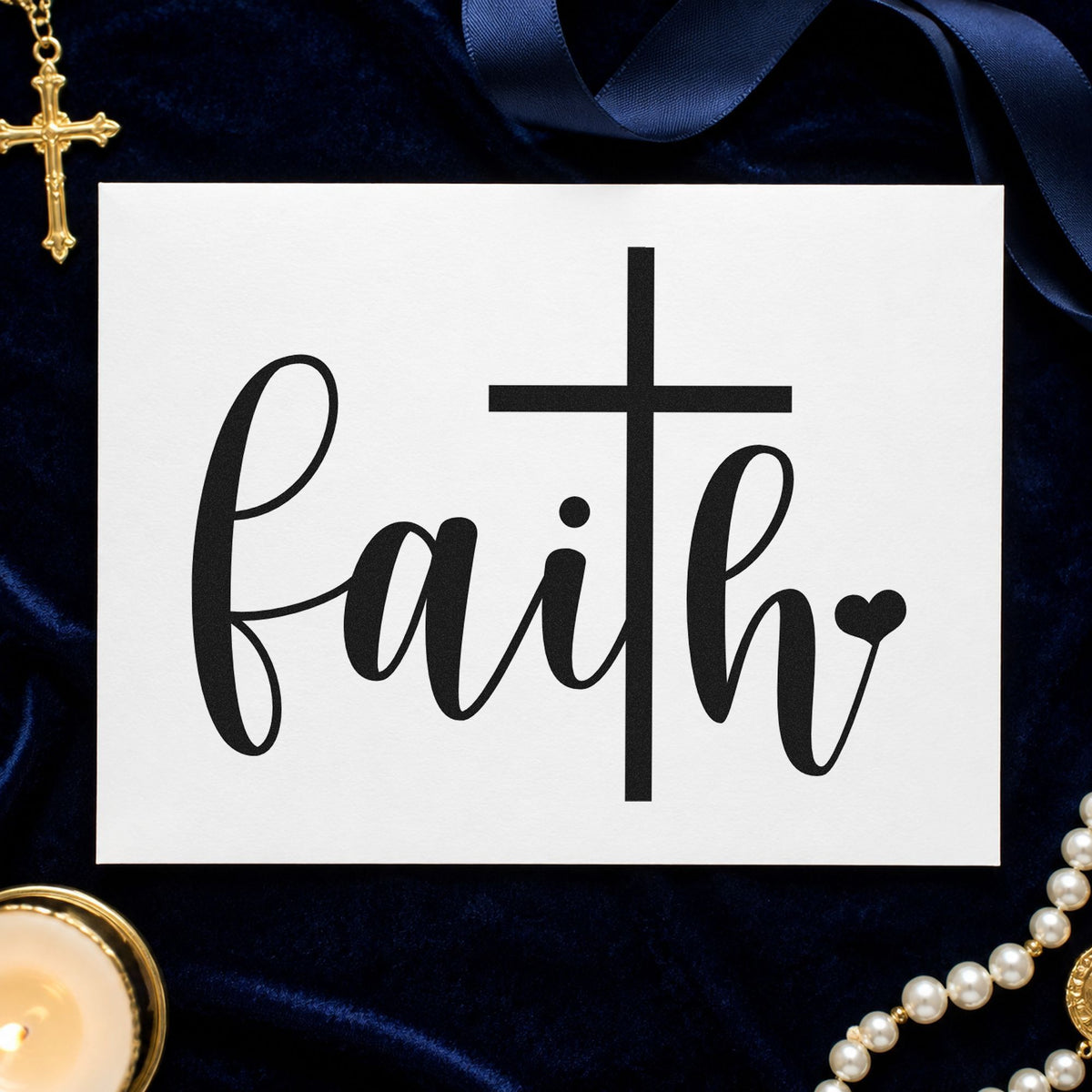 Faith Script Cross Heart rubber stamp printed in black ink, ready for flowing faith cards and similar paper crafts.