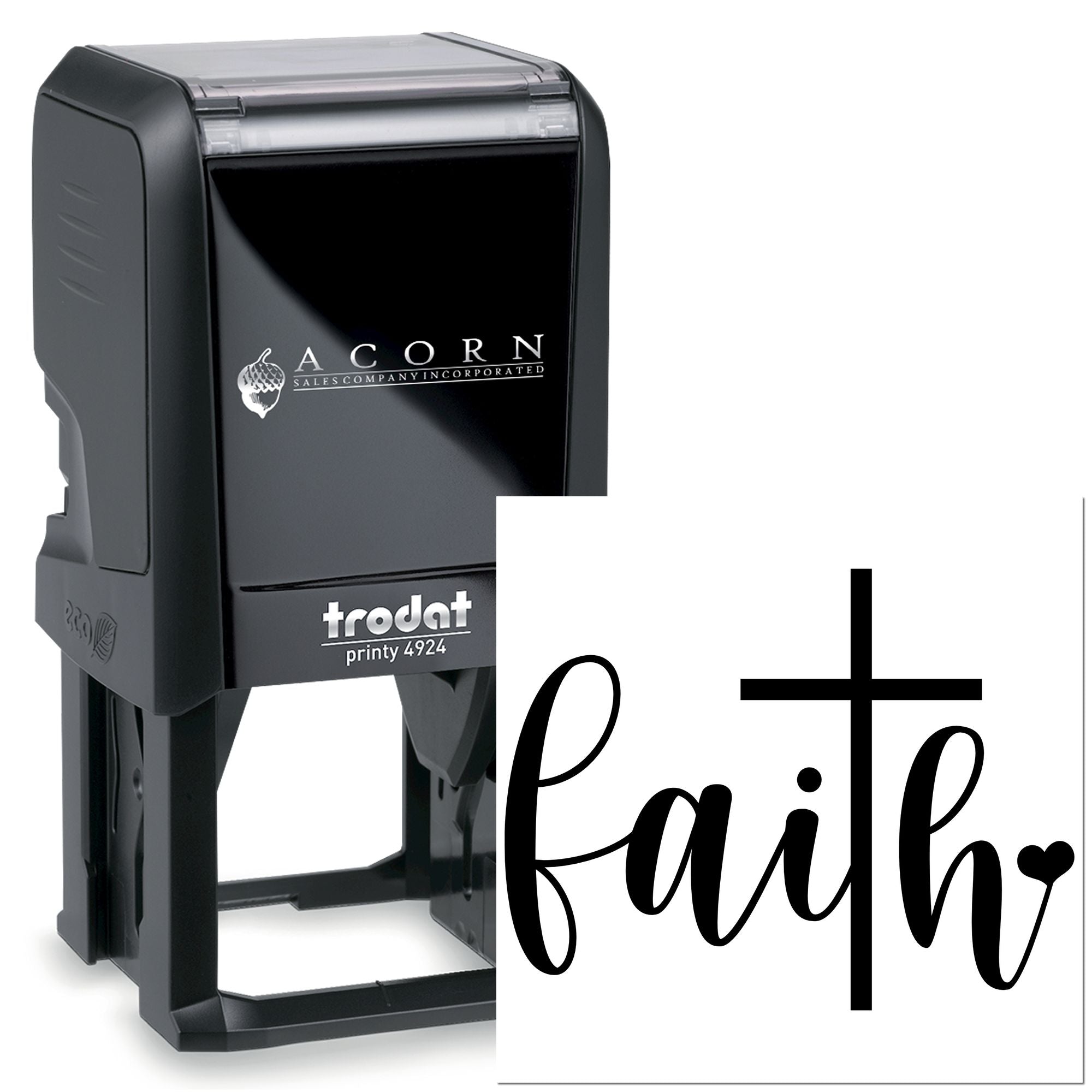 Custom self-inking rubber stamp with Faith and cross design, Trodat Printy 4924 for personalized stamping.