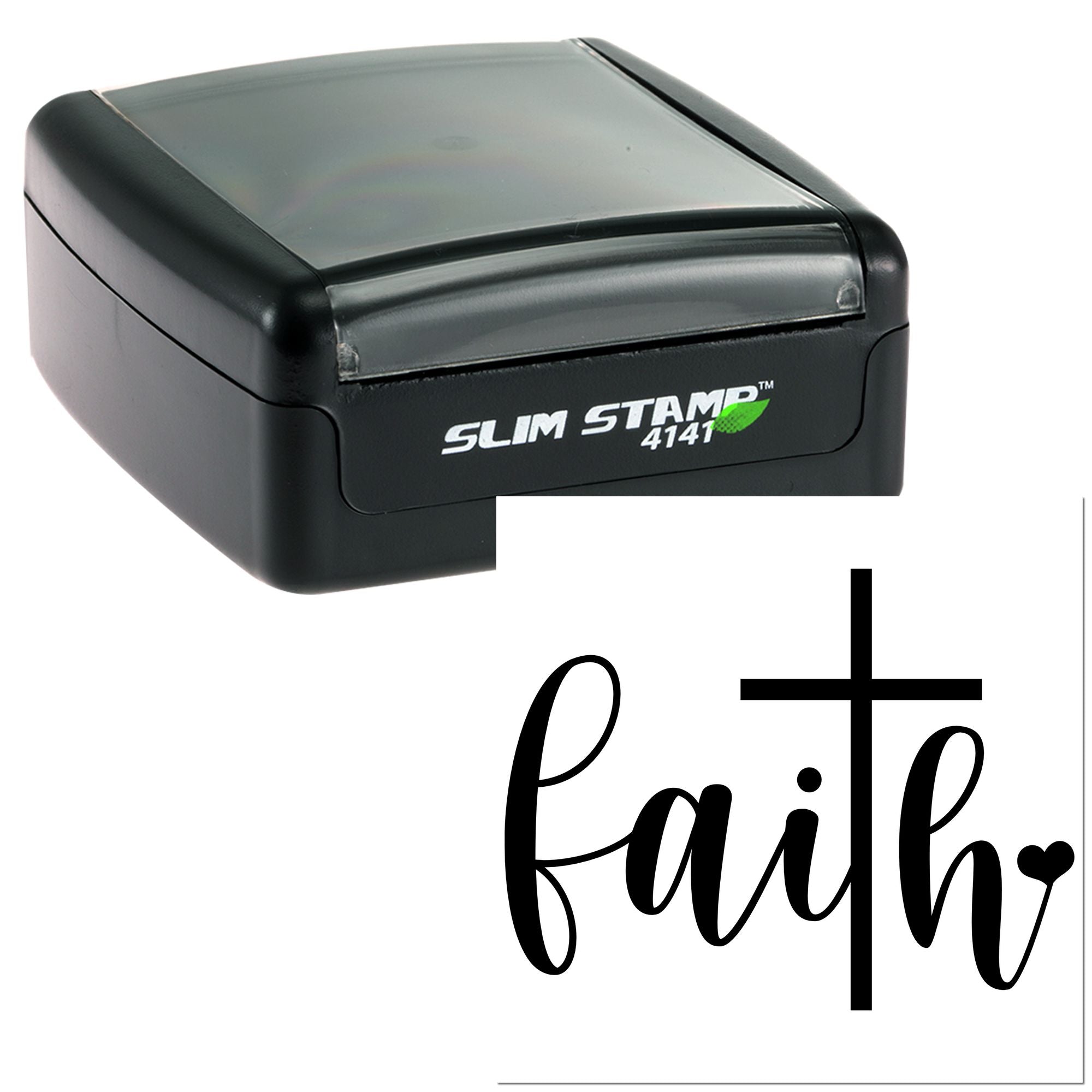 Self-inking rubber stamp with faith cross design for custom Christian crafts, labels, and branding.