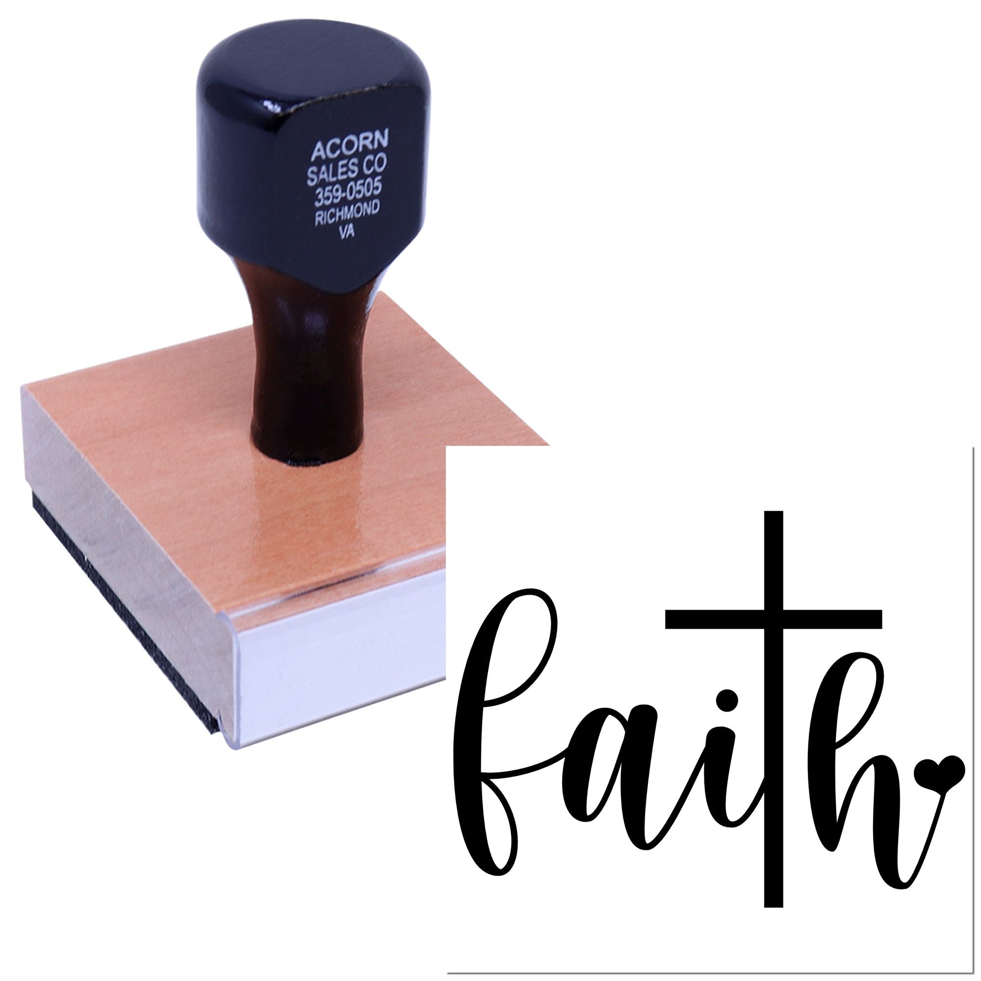 Wood-mounted Christian faith rubber stamp with cross design for handmade cards, scrapbooking, and church crafts.