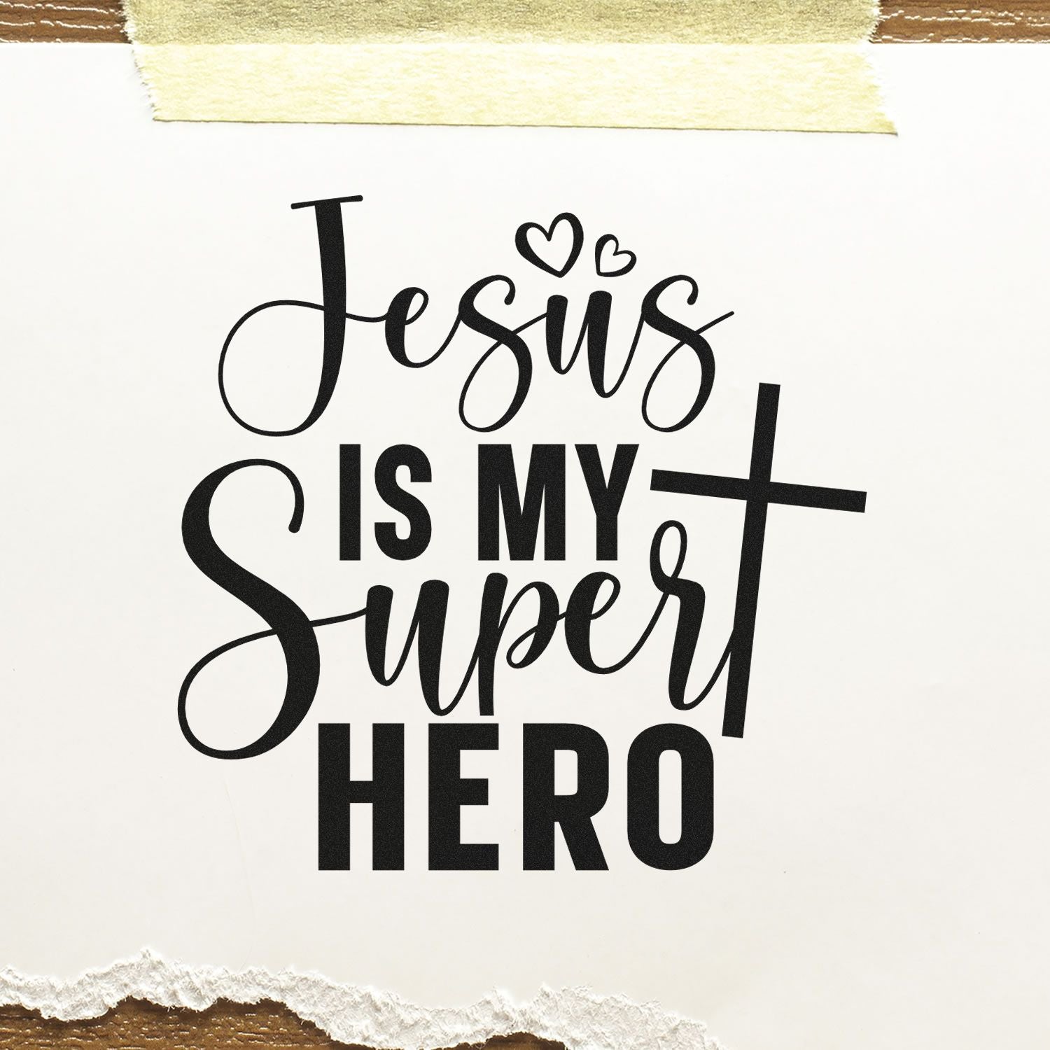 Faith-based rubber stamp design with Jesus Is My Super Hero text, cross and hearts for Christian cards and scrapbooking.