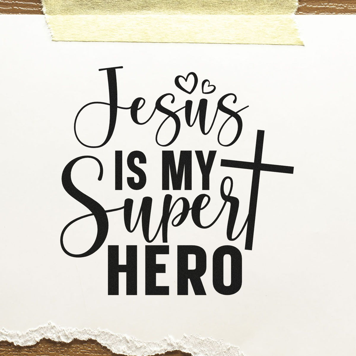 Jesus Is My Super Hero rubber stamp design with hearts and cross for Christian crafts and handmade cards.