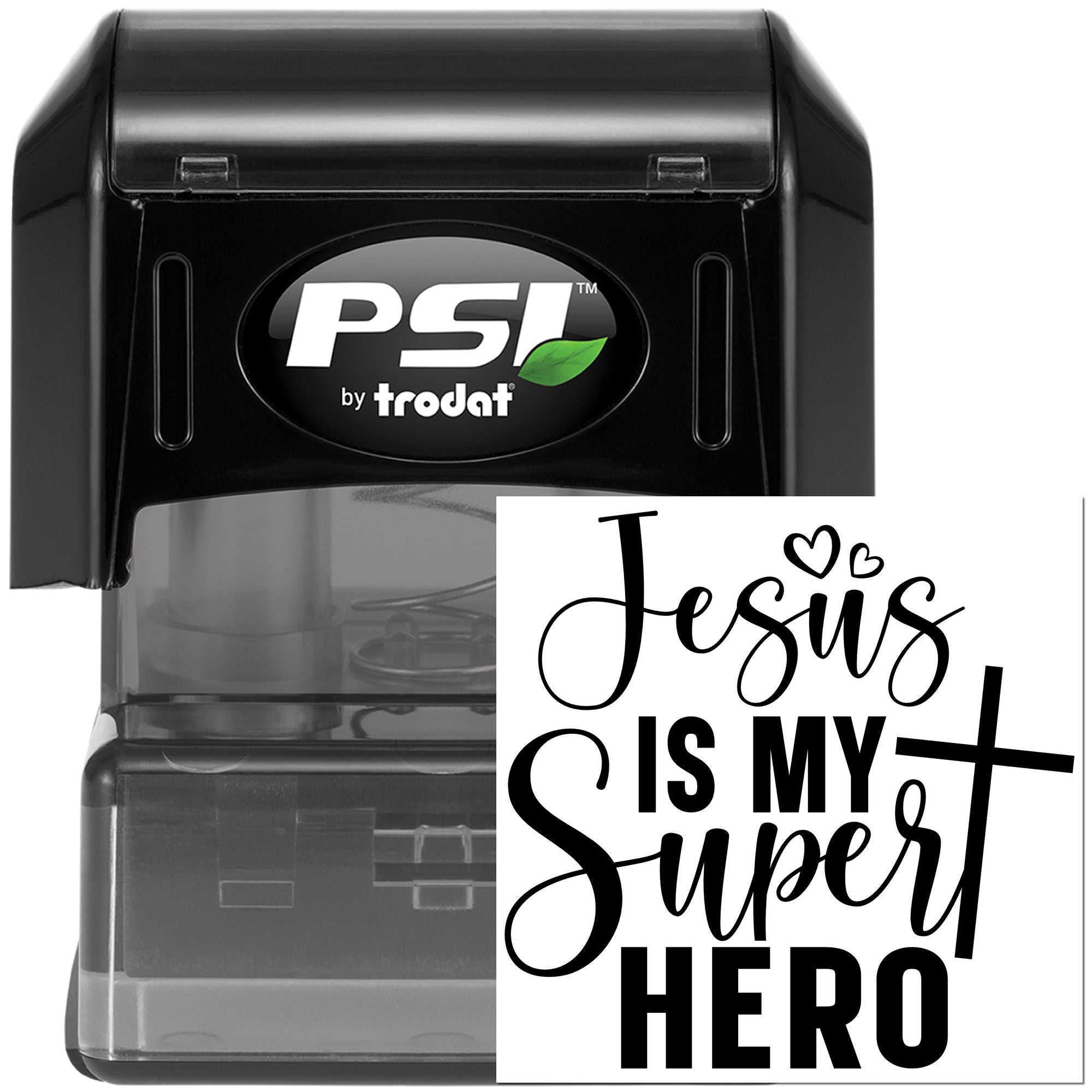 PSI by Trodat self-inking rubber stamp with Jesus Is My Super Hero imprint for Christian crafts, gifts, and church use.
