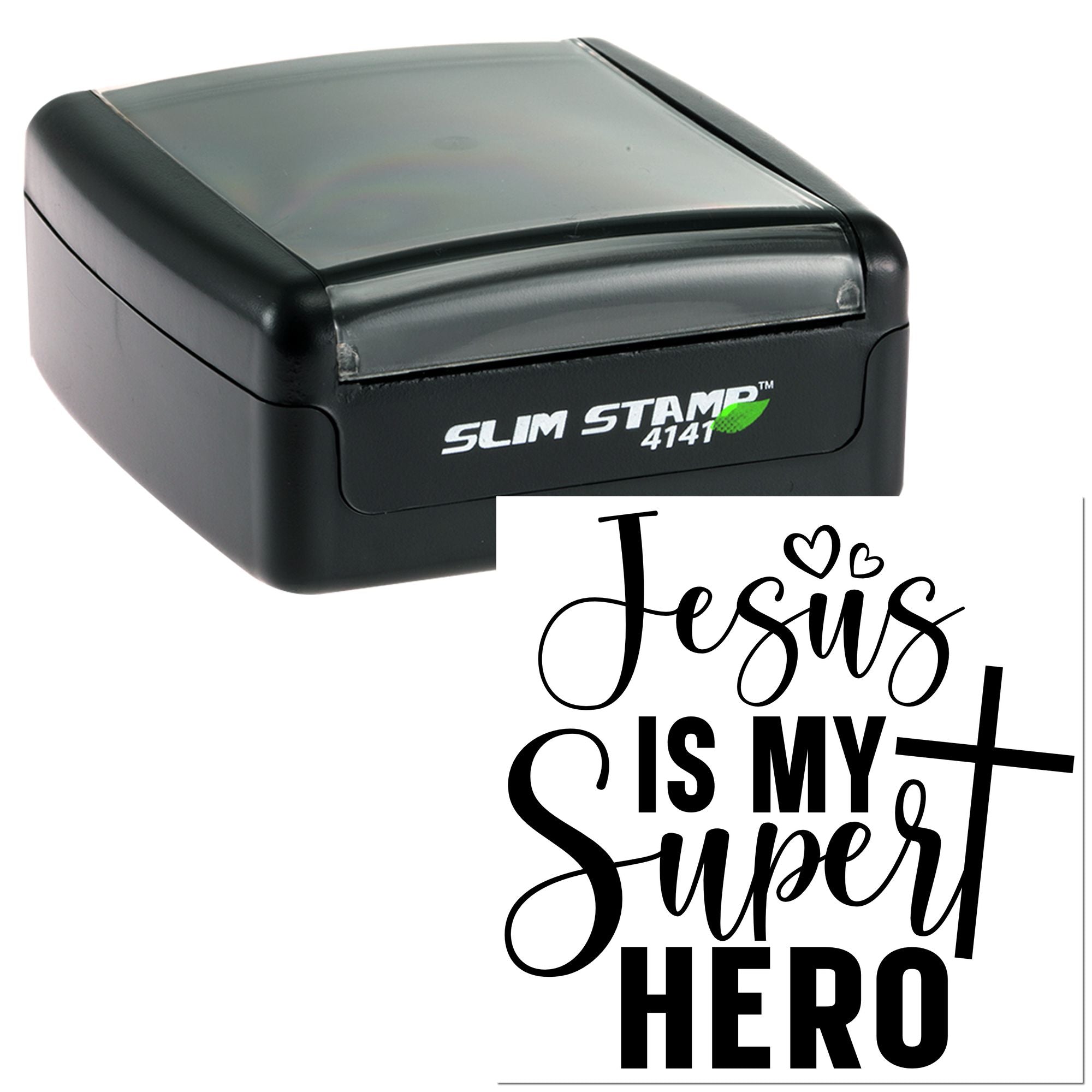 Slim self-inking rubber stamp with Jesus Is My Super Hero design and cross, ideal for Christian crafts and church use.