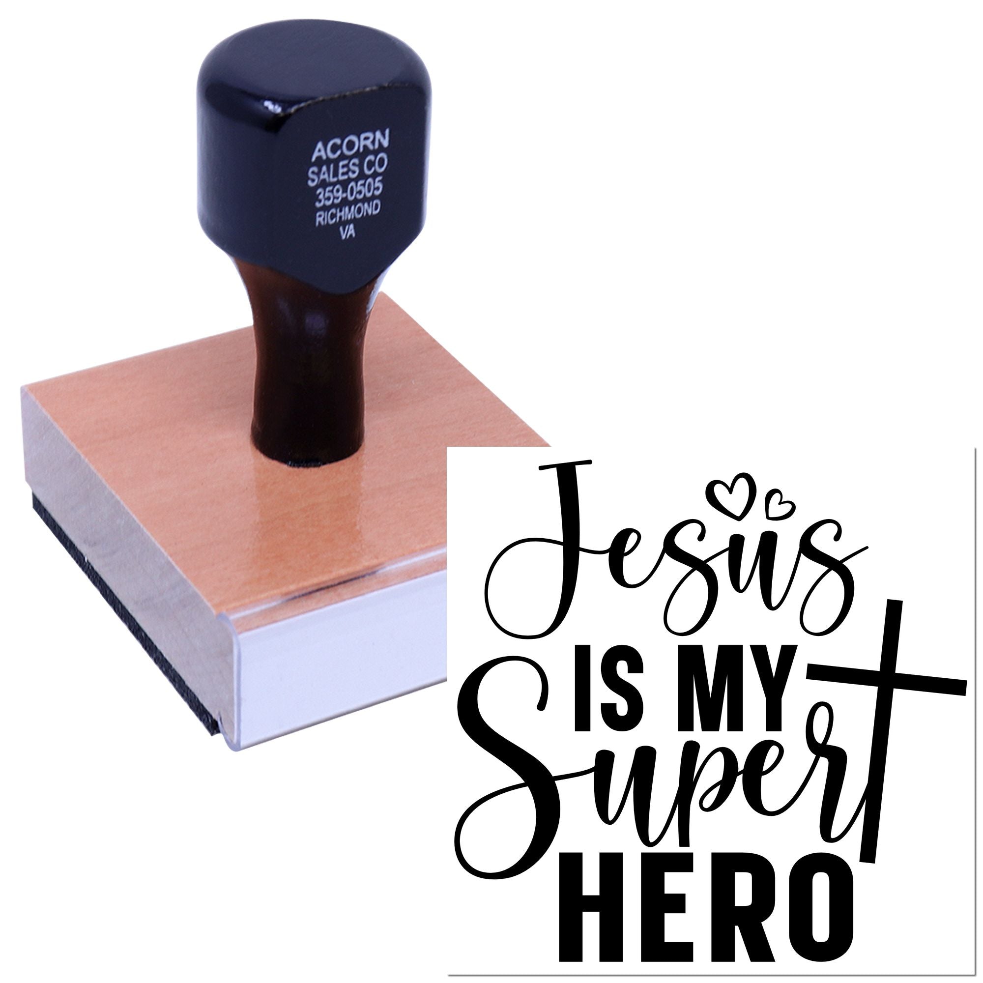Custom rubber stamp with Jesus Is My Super Hero design for faith-based crafts, cards, and religious projects.