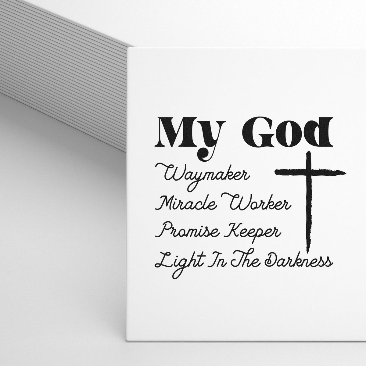 Christian faith rubber stamp design with cross and My God Waymaker, Miracle Worker, Promise Keeper, Light in the Darkness wording.