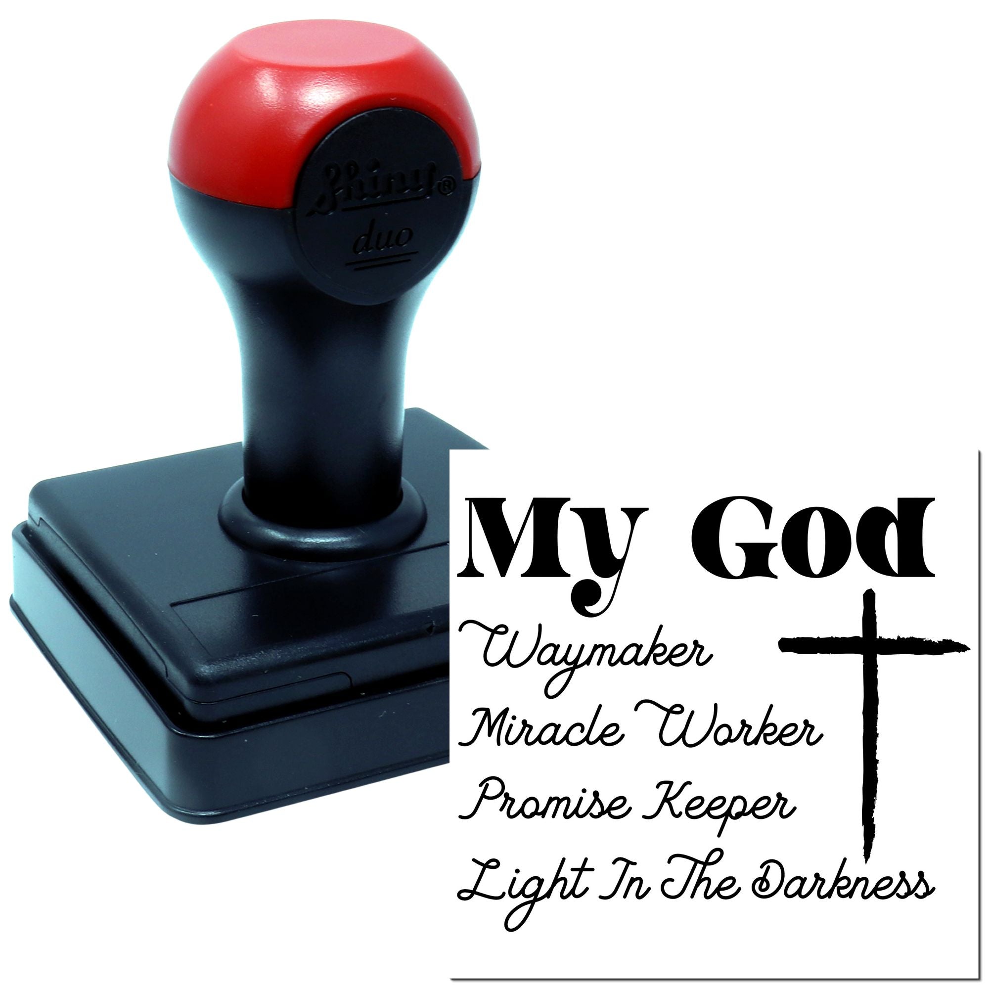 Christian rubber stamp with My God faith design, cross icon, and phrases like Waymaker, Miracle Worker, and Light in the Darkness.