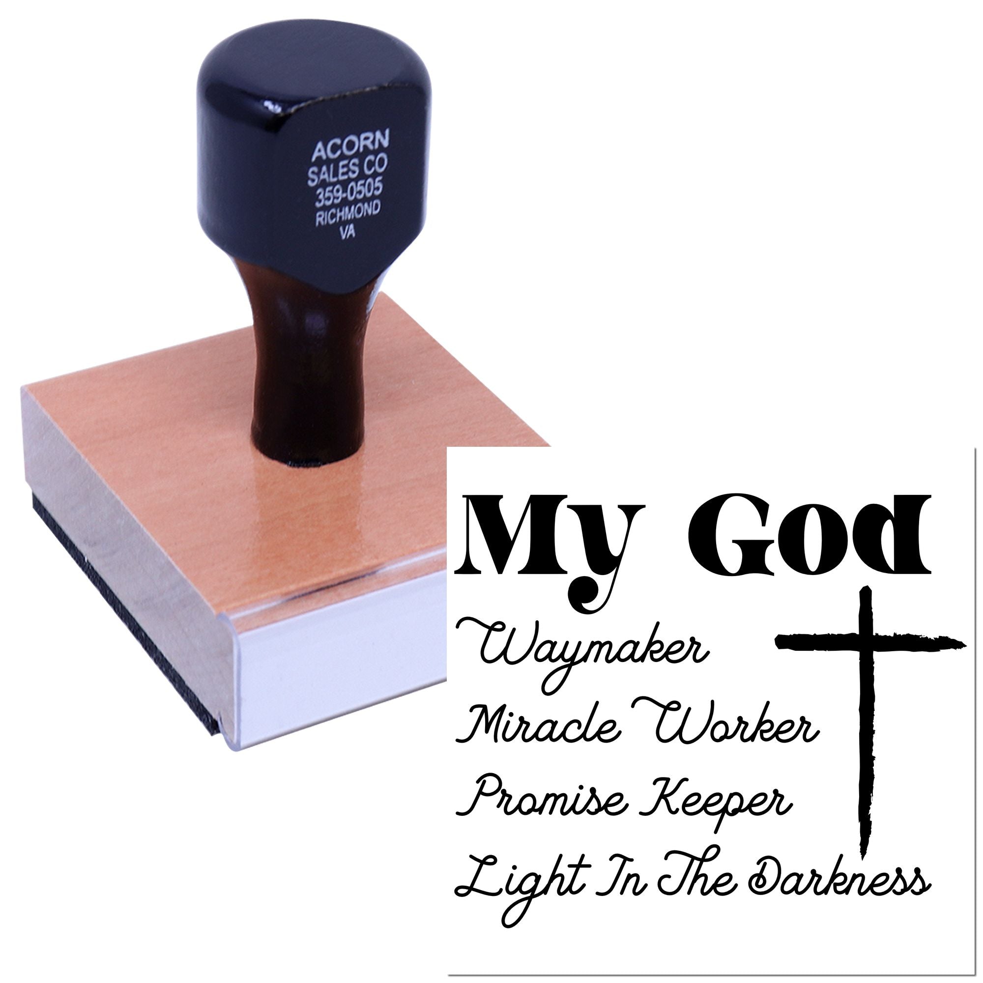 Christian custom rubber stamp with cross and My God, Waymaker, Miracle Worker, Promise Keeper, Light in the Darkness design.