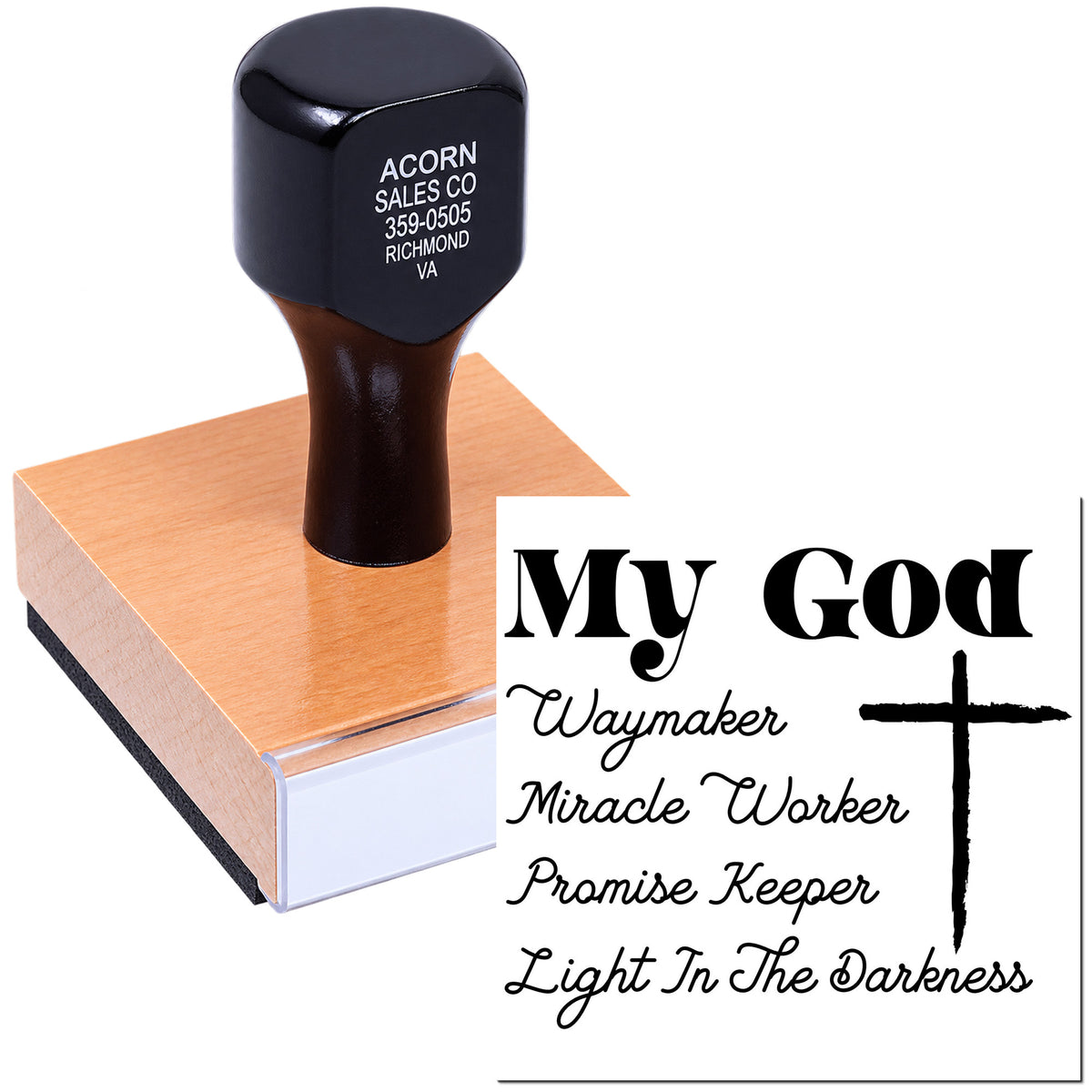 Christian custom rubber stamp with cross and My God, Waymaker, Miracle Worker, Promise Keeper, Light in the Darkness design.