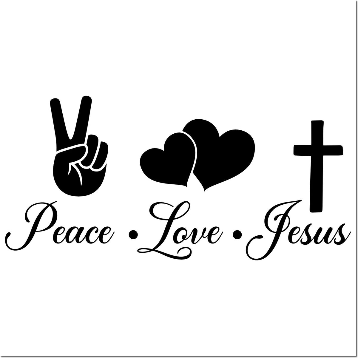 Peace Love Jesus rubber stamp design with peace sign, hearts, and cross in black script.