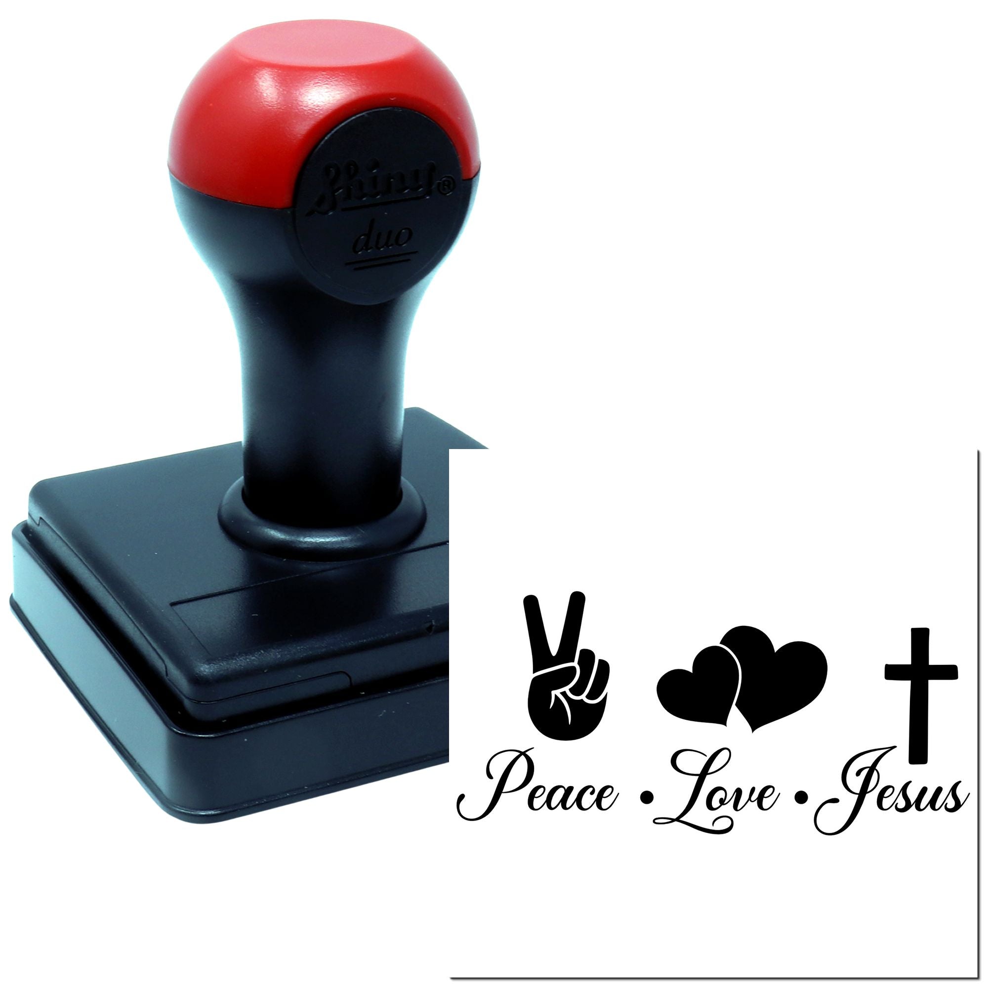 Christian self-inking rubber stamp with Peace Love Jesus design, peace sign, hearts and cross.