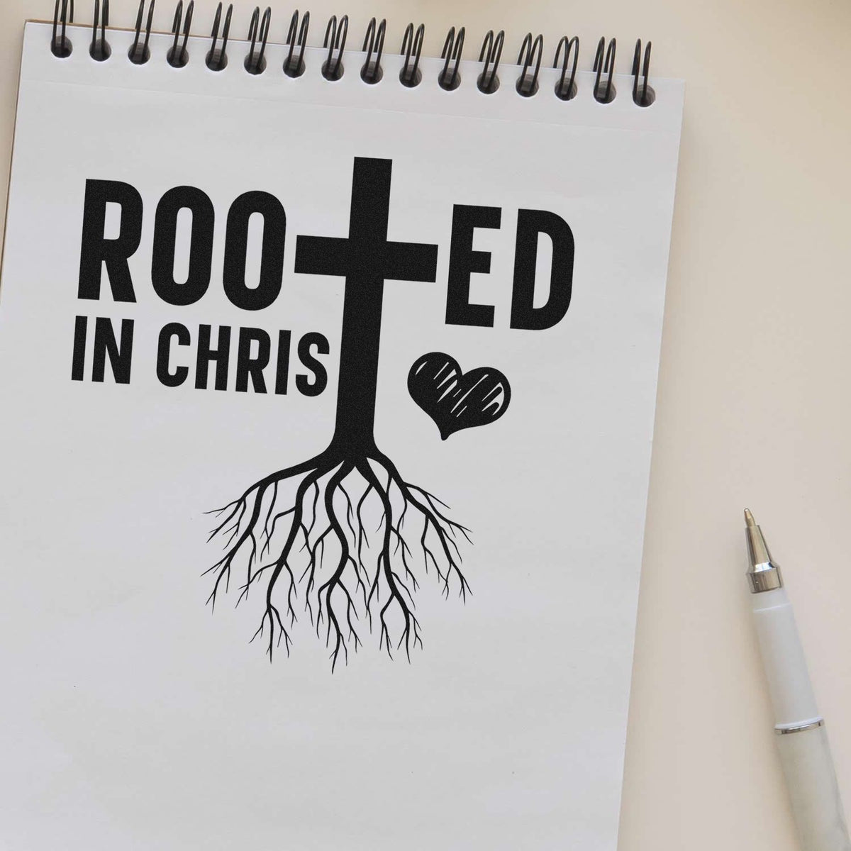 Rooted in Christ Christian rubber stamp design with cross tree roots and heart, ideal for faith-based journaling and crafts.