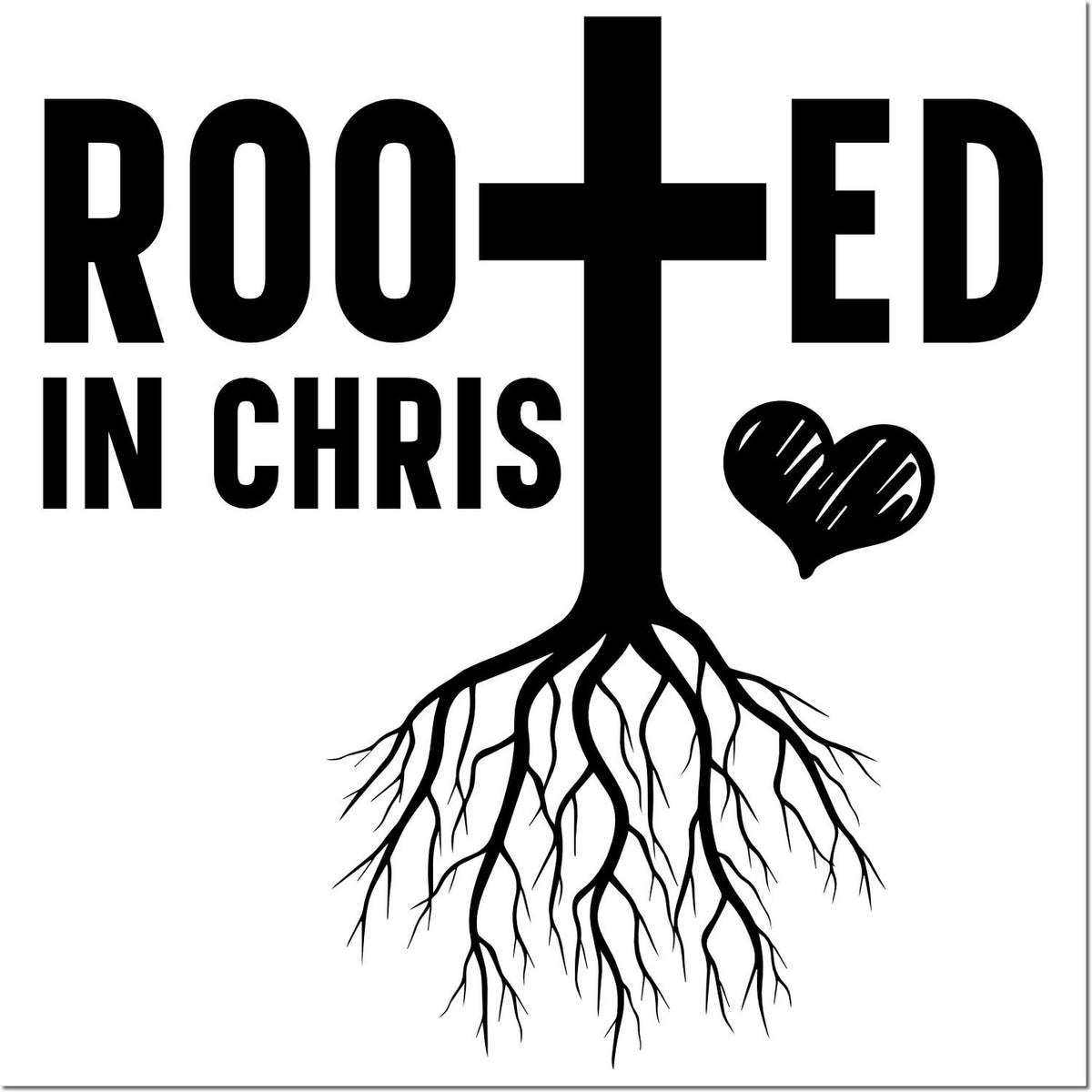 Rooted in Christ cross and heart Christian rubber stamp design with tree roots, symbolizing faith and spiritual growth.