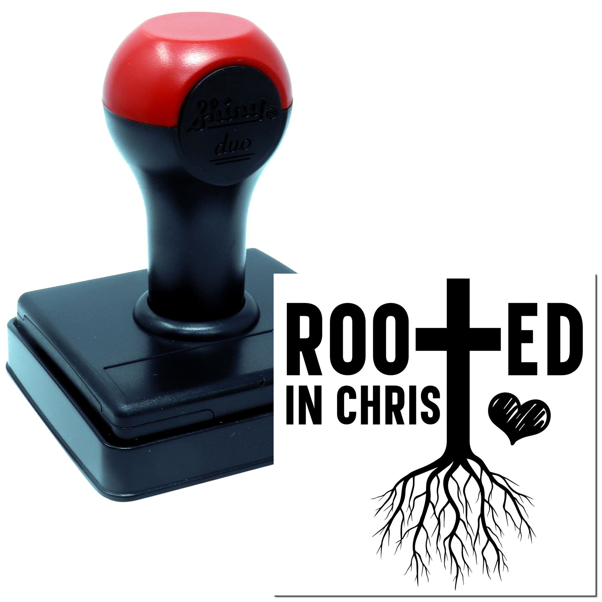 Rooted in Christ self-inking rubber stamp with cross and roots, ideal for church crafts, Bible journaling, and faith gifts.