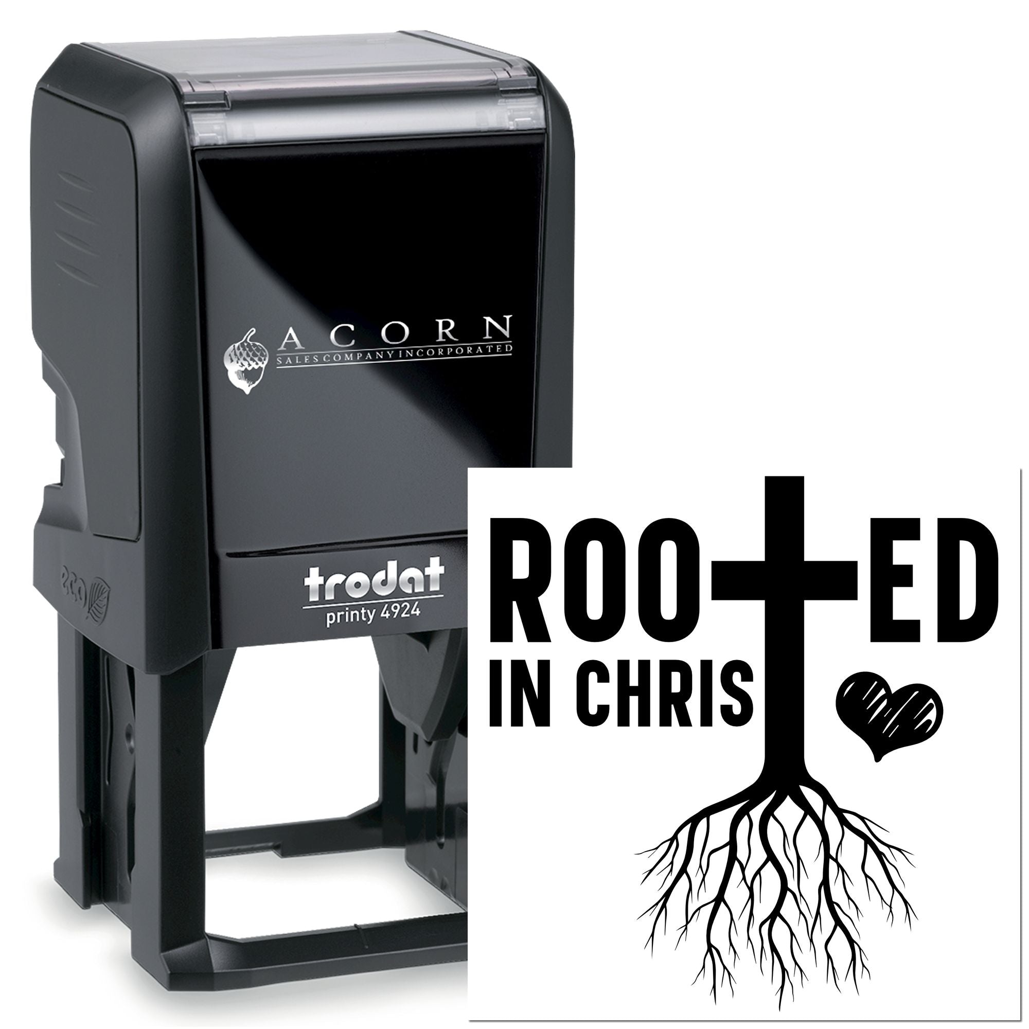 Custom Christian self-inking rubber stamp with Rooted in Christ cross-and-roots design on Trodat Printy 4924.