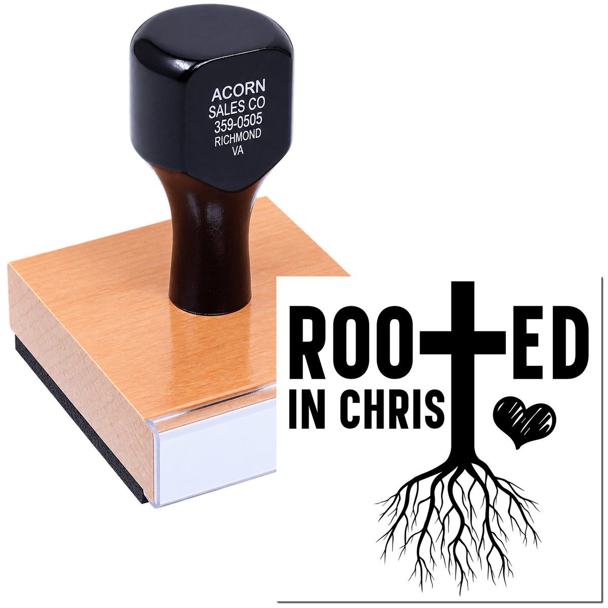 Christian rubber stamp with Rooted in Christ design, cross, heart and roots for faith-based crafts and church projects.