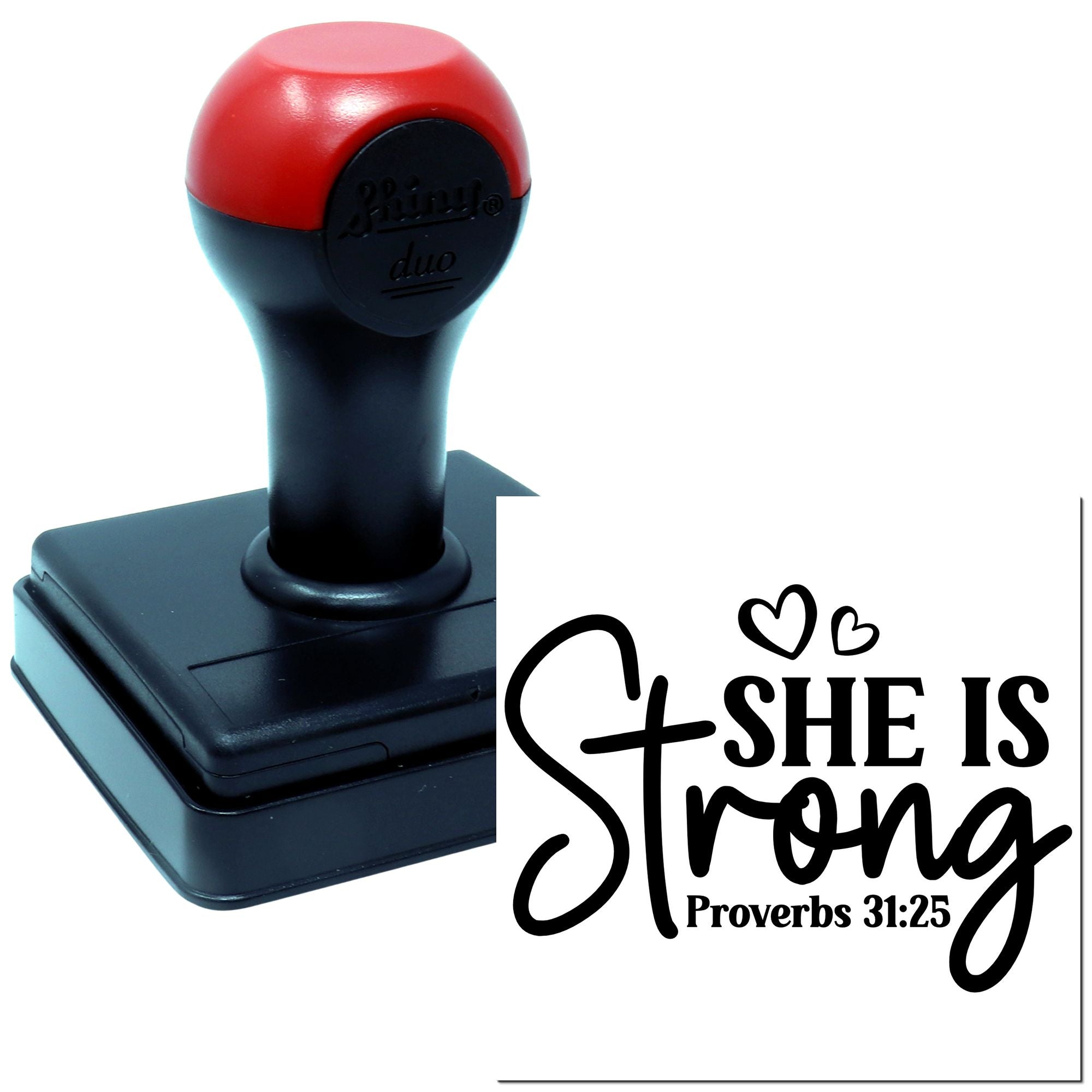 Self-inking rubber stamp with She is Strong and Proverbs 31:25 design for faith-based cards, crafts, and Bible journaling.