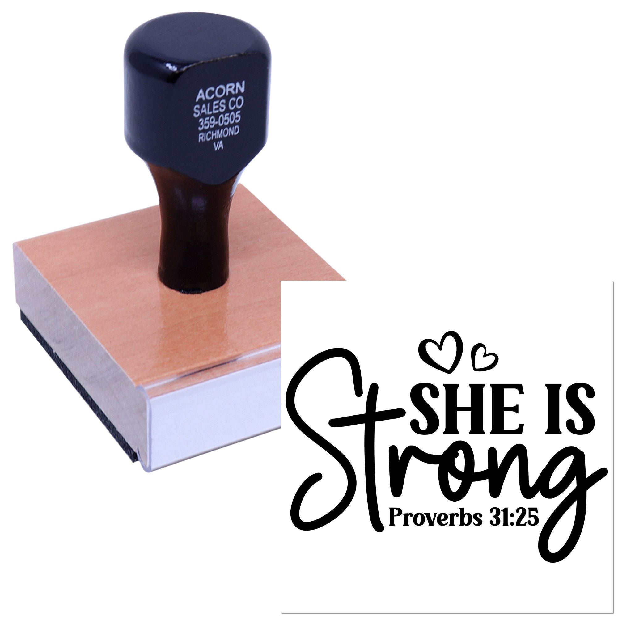 Custom rubber stamp with She Is Strong Proverbs 31:25 design on wooden mount for inspirational Christian crafts.
