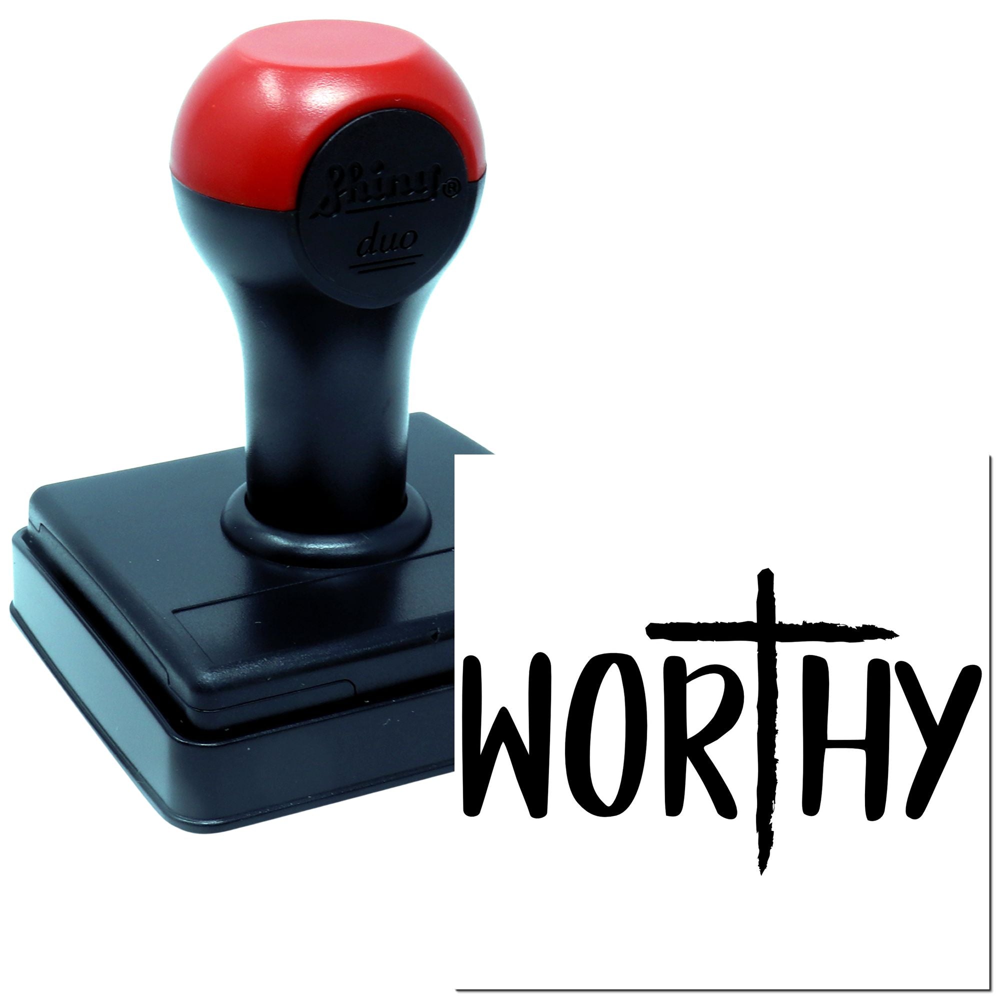 Self-inking rubber stamp with bold WORTHY imprint for custom motivational branding and craft projects.