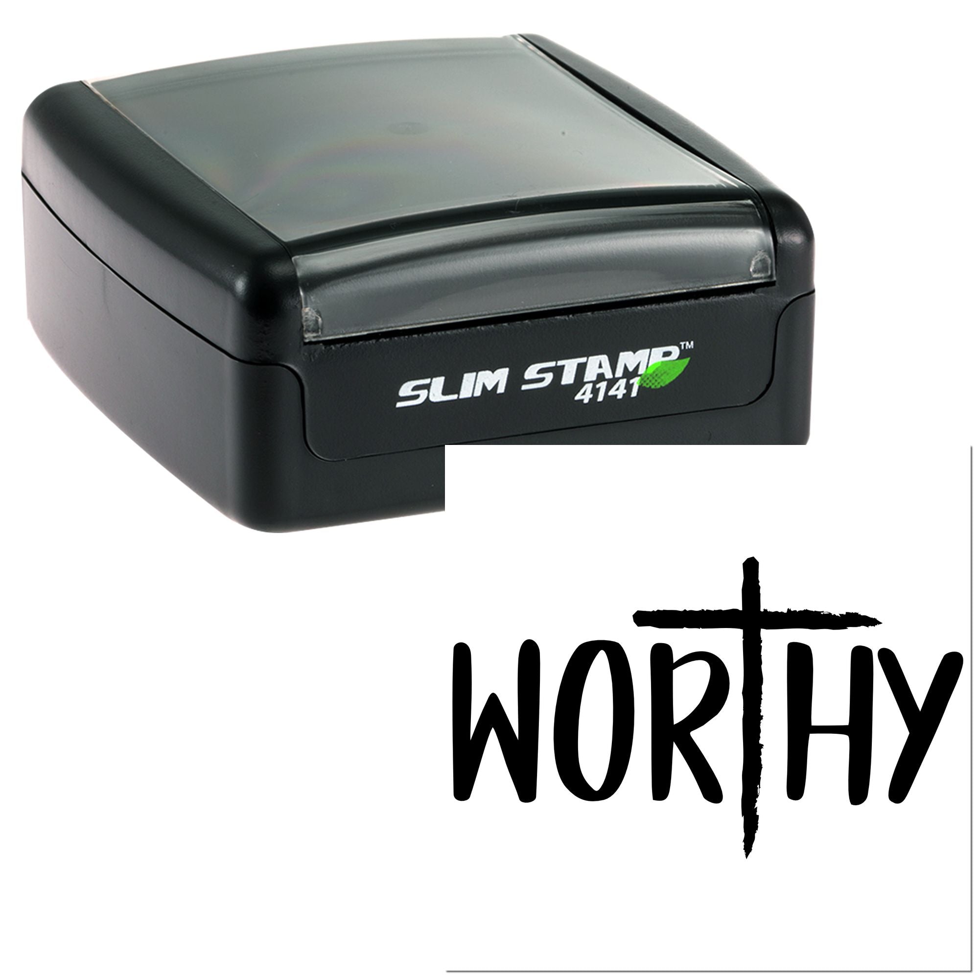 Black Slim Stamp 4141 self-inking rubber stamp with WORTHY imprint for custom faith-based office use.