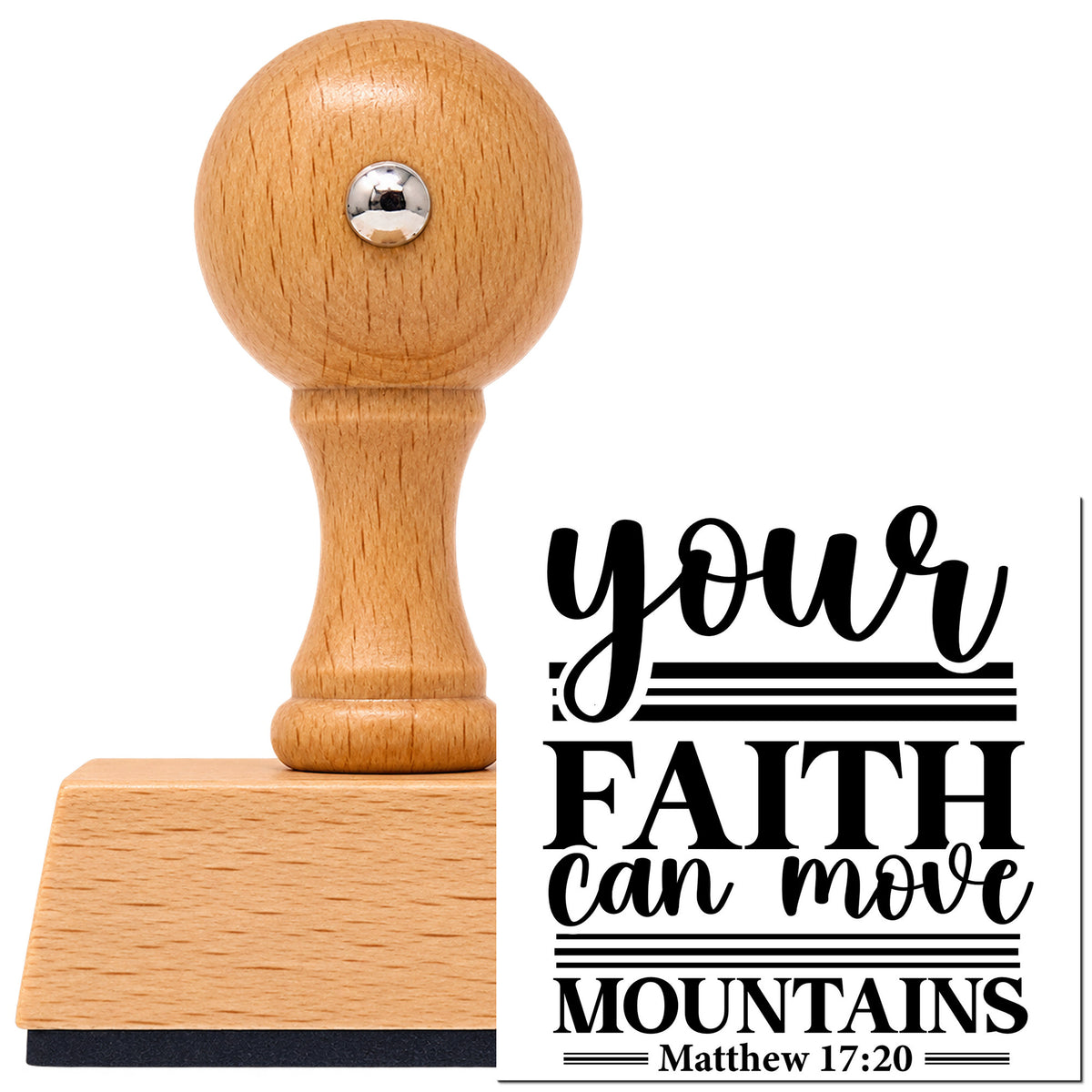 Your Faith Moves Mountains Lined Lettering Vintage Pro rubber stamp in European beech wood with a round knob handle, shown beside its black imprint.