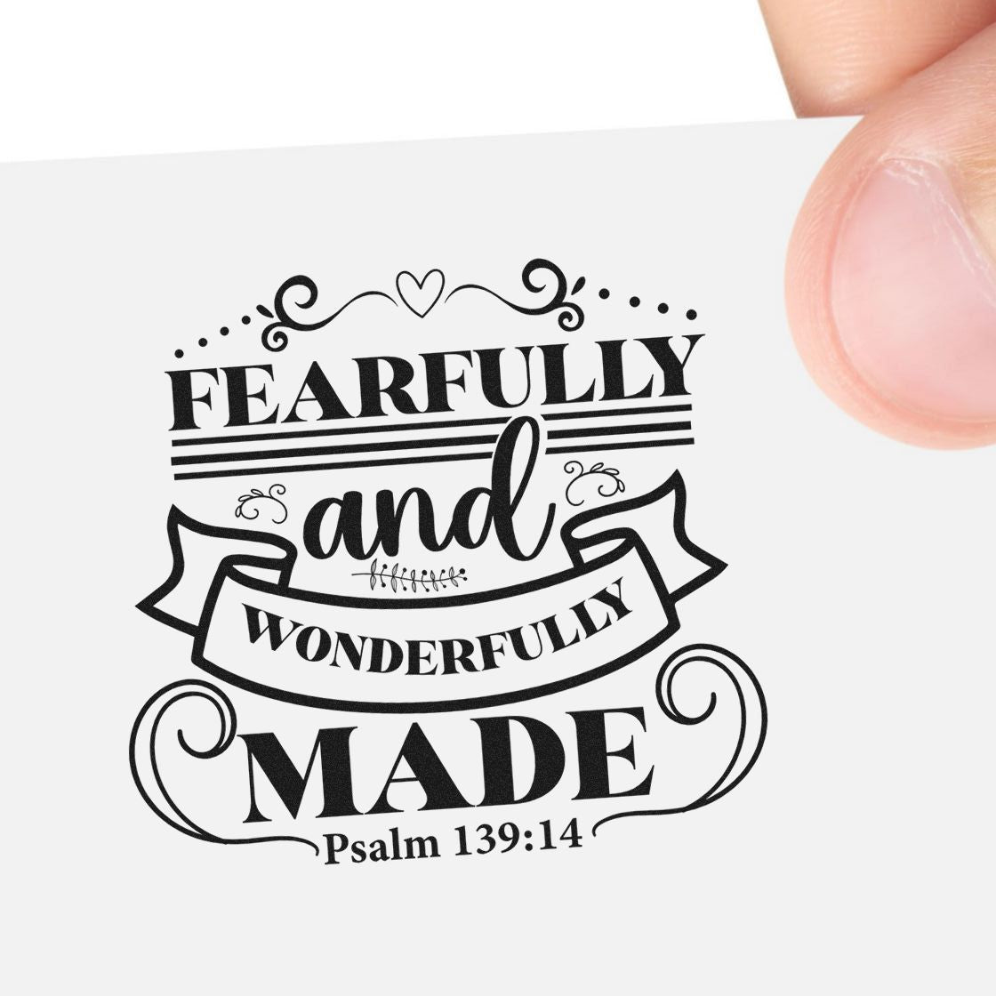 Christian rubber stamp design reading Fearfully and Wonderfully Made with Psalm 139:14 in decorative lettering.