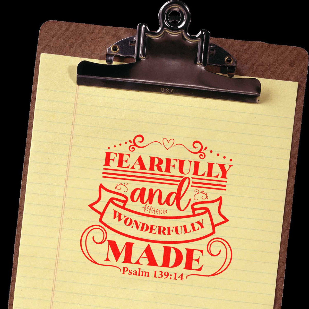 Christian rubber stamp sample featuring Psalm 139:14 quote, Fearfully and Wonderfully Made, for faith-based crafts.