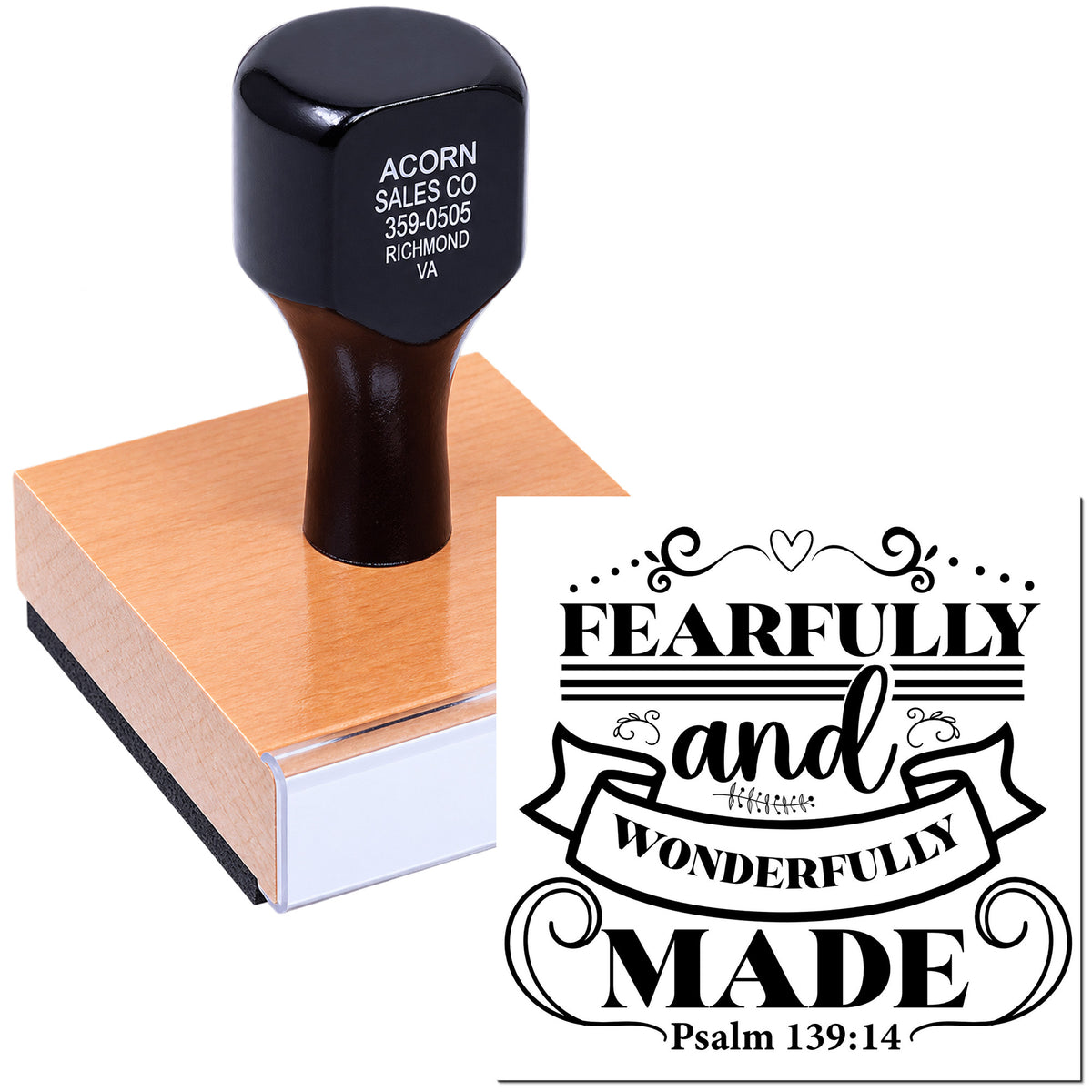 Custom rubber stamp with Fearfully and Wonderfully Made, Psalm 139:14 religious design for faith-based crafts.