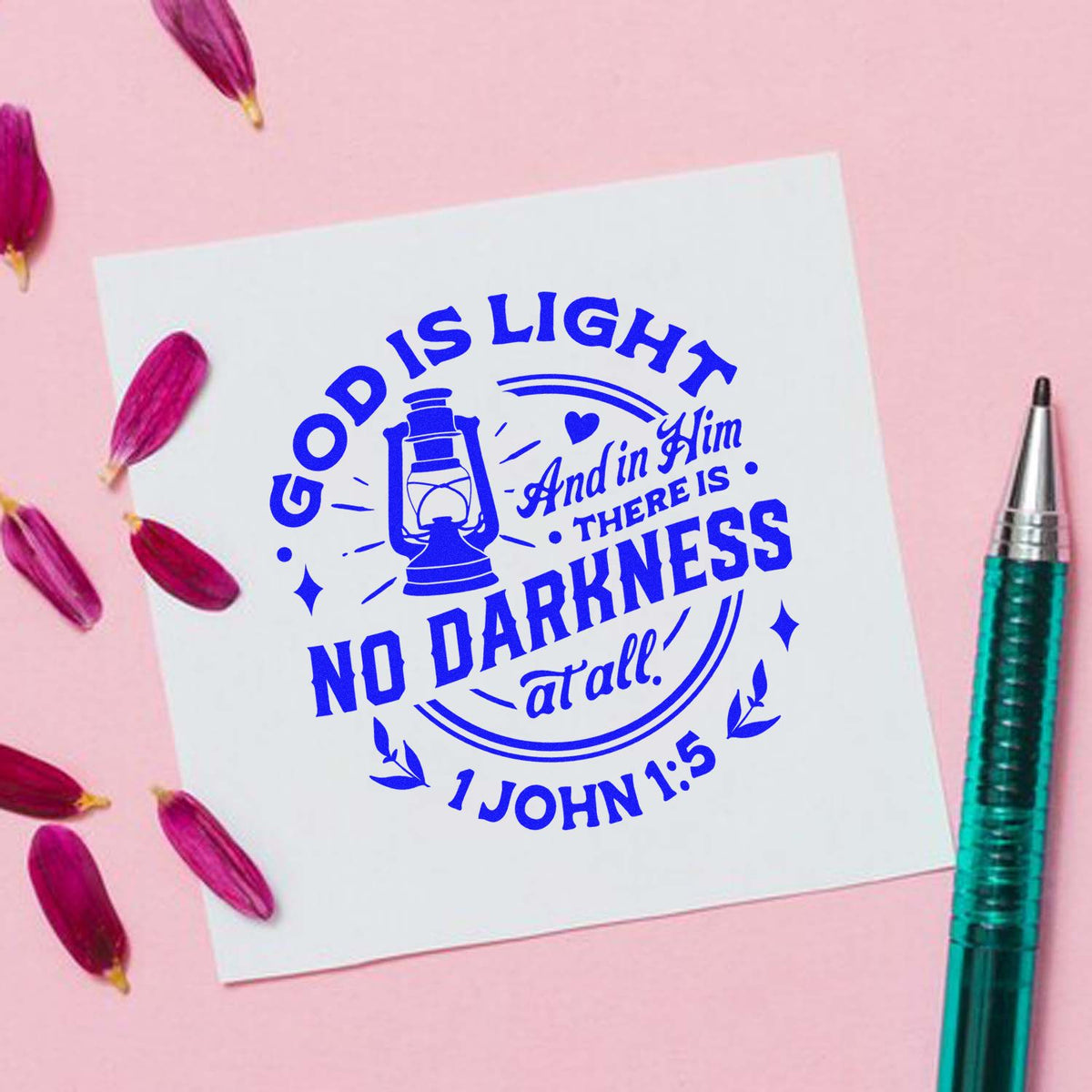 Christian rubber stamp design with lantern and Bible verse, God is light, for faith-based crafts, cards, and scrapbooking.