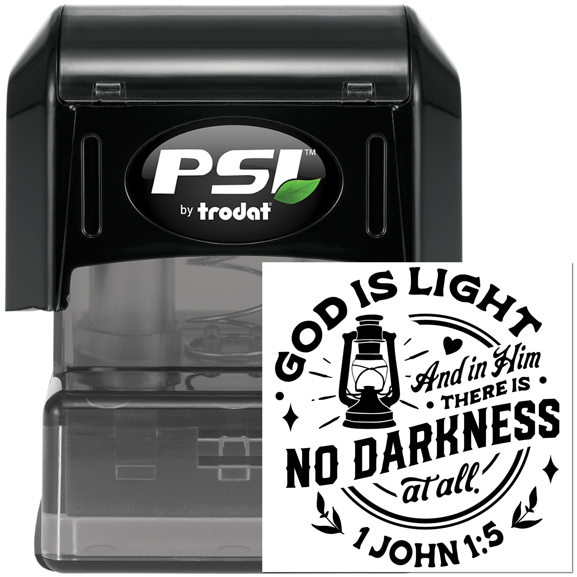PSI by Trodat self-inking rubber stamp featuring Psalm 1:5, God is light and in Him there is no darkness Christian verse design.