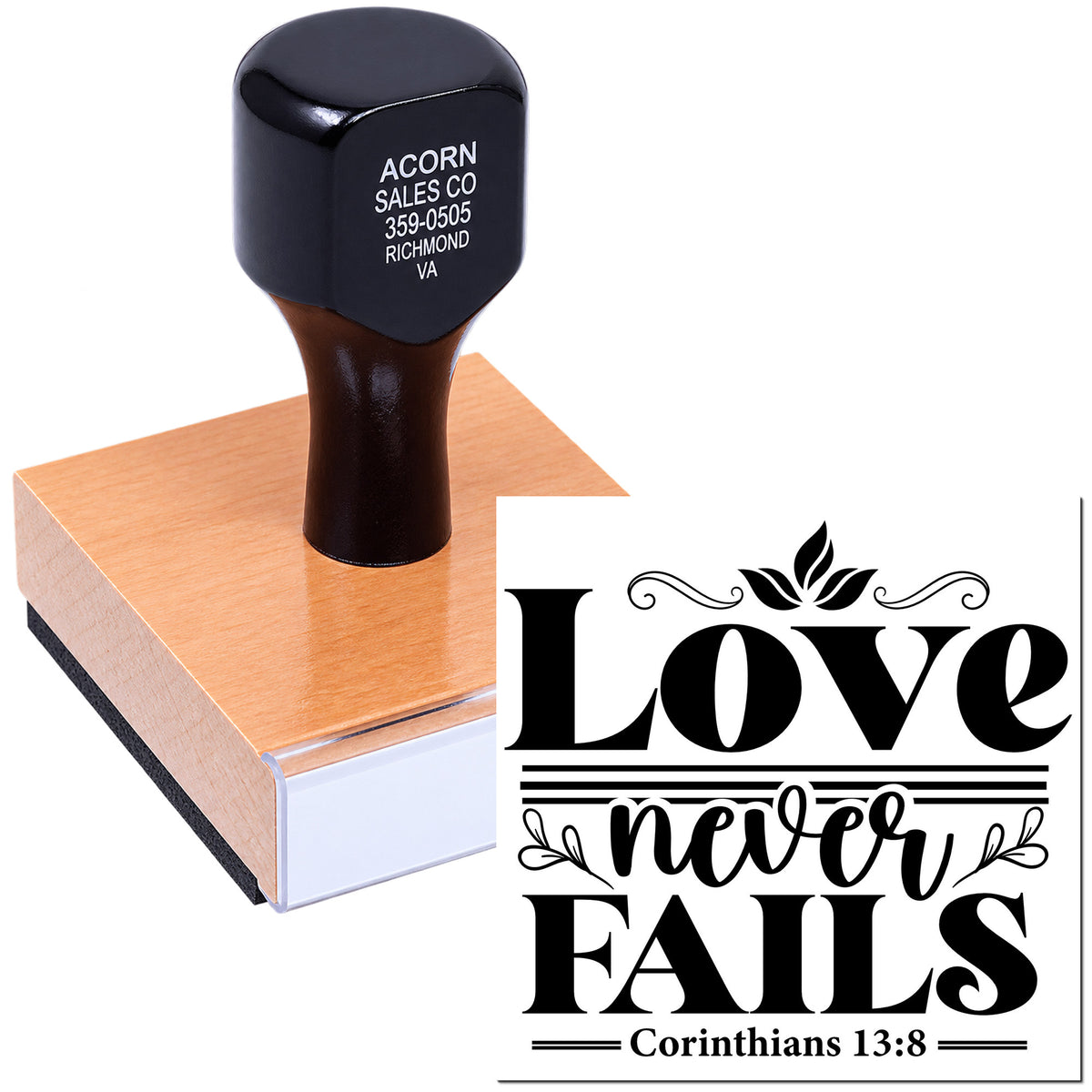 Custom rubber stamp with Love Never Fails Corinthians 13:8 design for Bible journaling and Christian crafts.