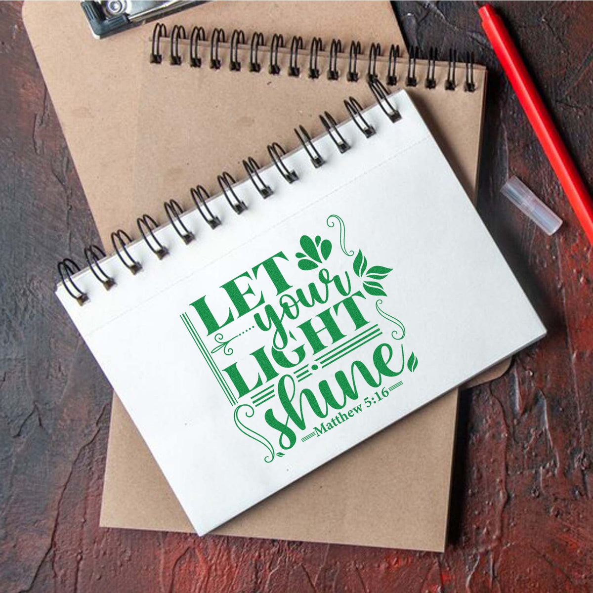 Faith-based rubber stamp design with Let Your Light Shine Bible verse Matthew 5:16.