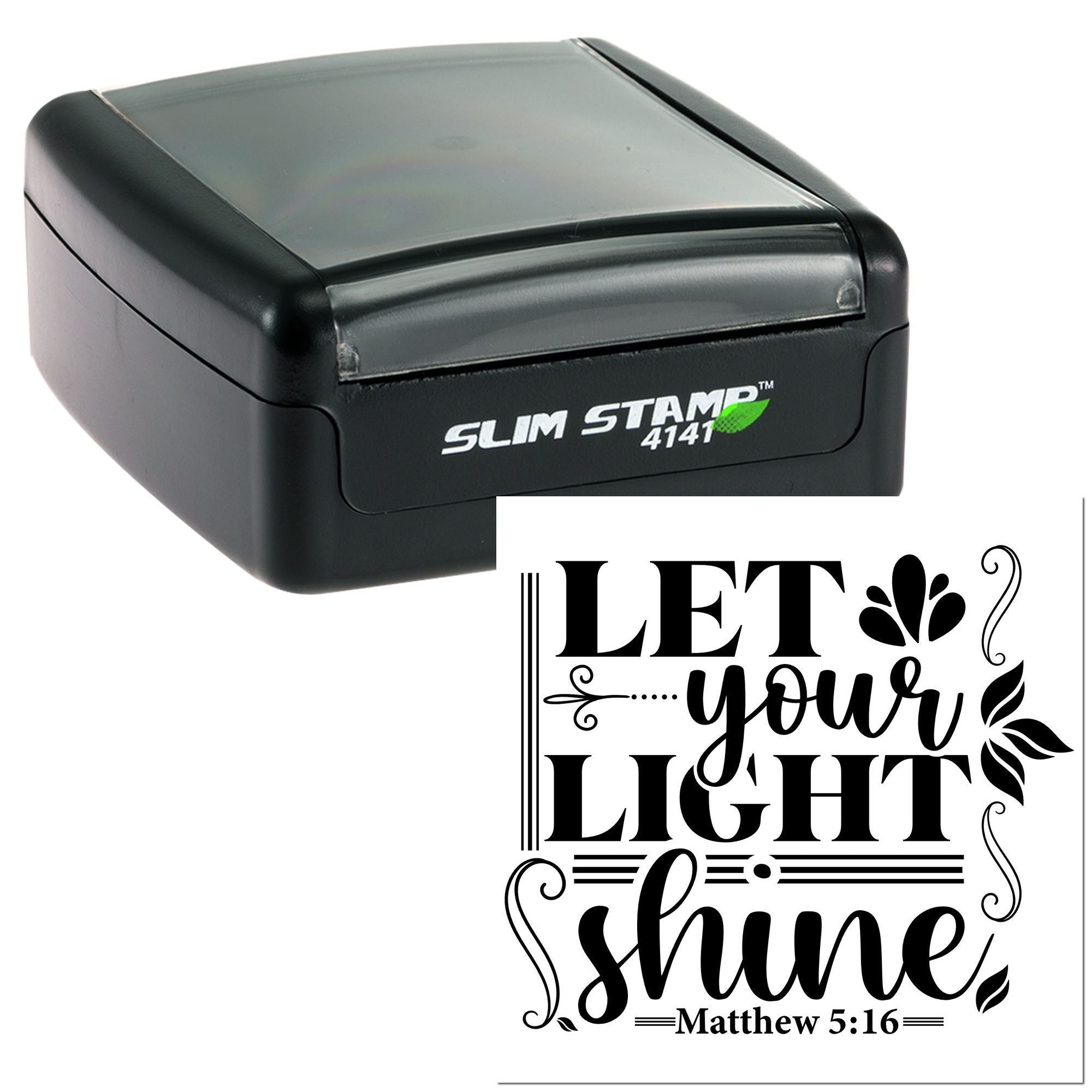Custom self-inking rubber stamp with Let your light shine Matthew 5:16 Christian design for faith-based projects.