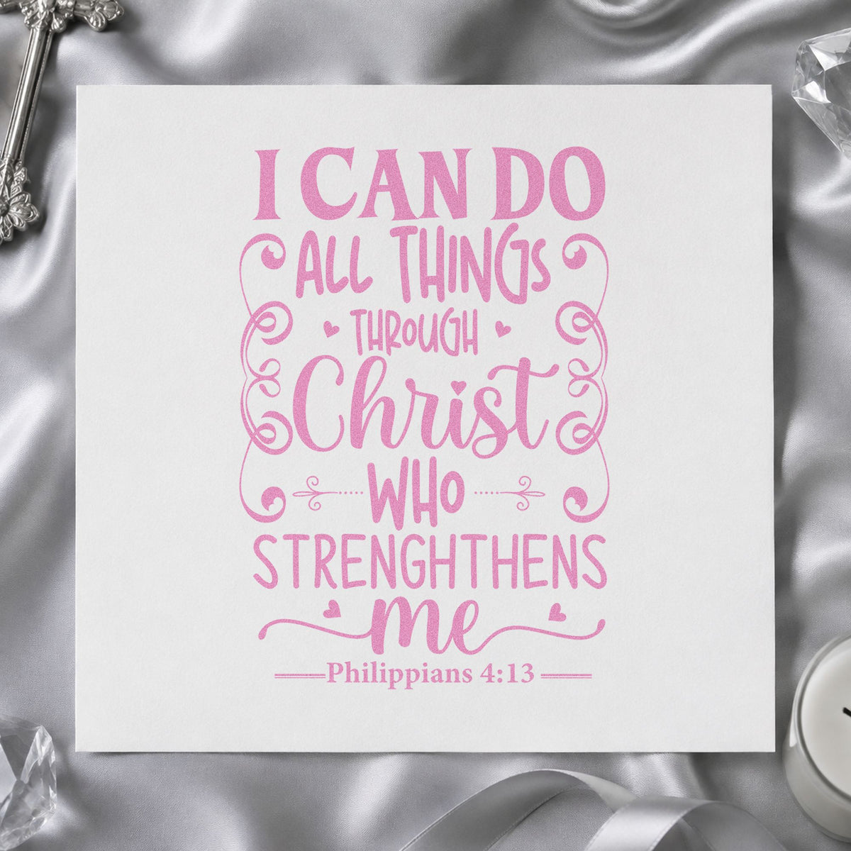 All Things Through Christ Scrolls craft stamp in purple ink on cardstock, an easy option for wrestling team gifts.