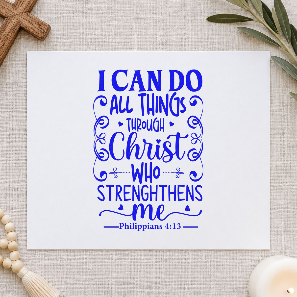 All Things Through Christ Scrolls craft stamp in blue ink on cardstock, an easy option for canvas totes.