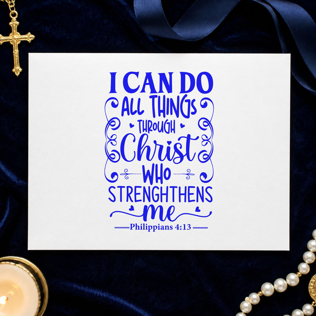 All Things Through Christ Scrolls craft stamp imprinted in blue ink on paper, a design suited to band competition notes.