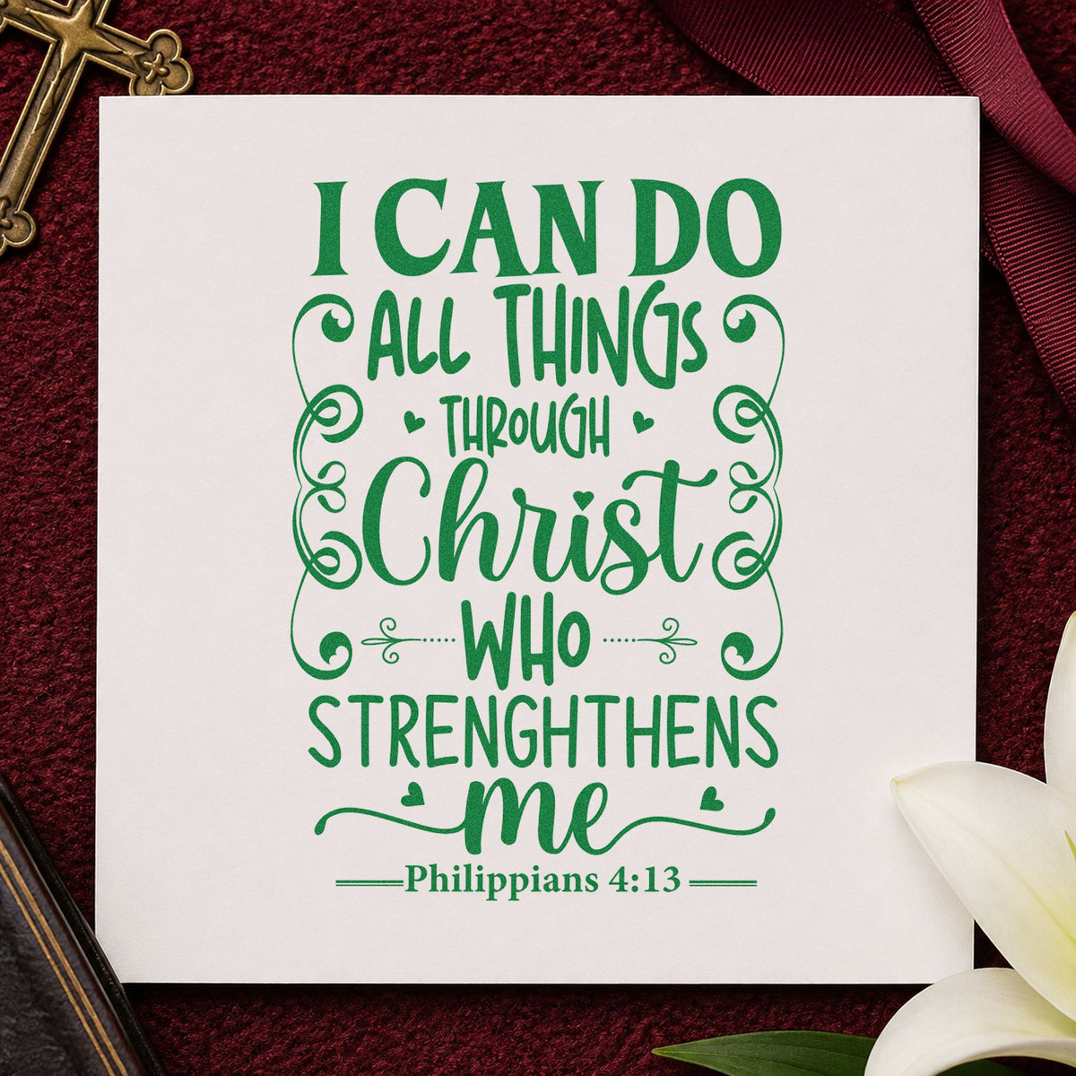 All Things Through Christ Scrolls craft stamp imprint in green ink on a handmade project, one idea being framed bedroom art.