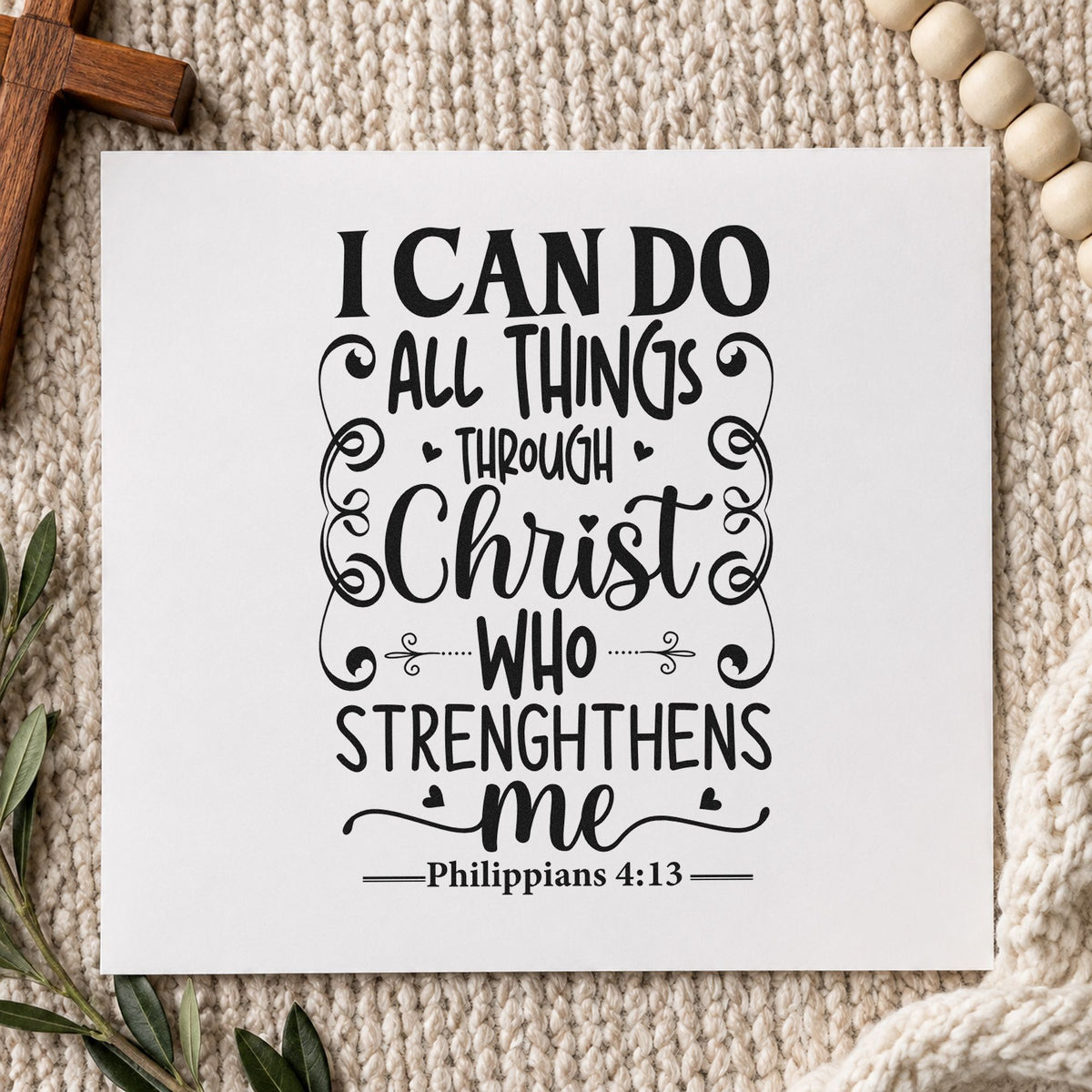 All Things Through Christ Scrolls rubber stamp printed in black ink, ready for scroll strength cards and similar paper crafts.