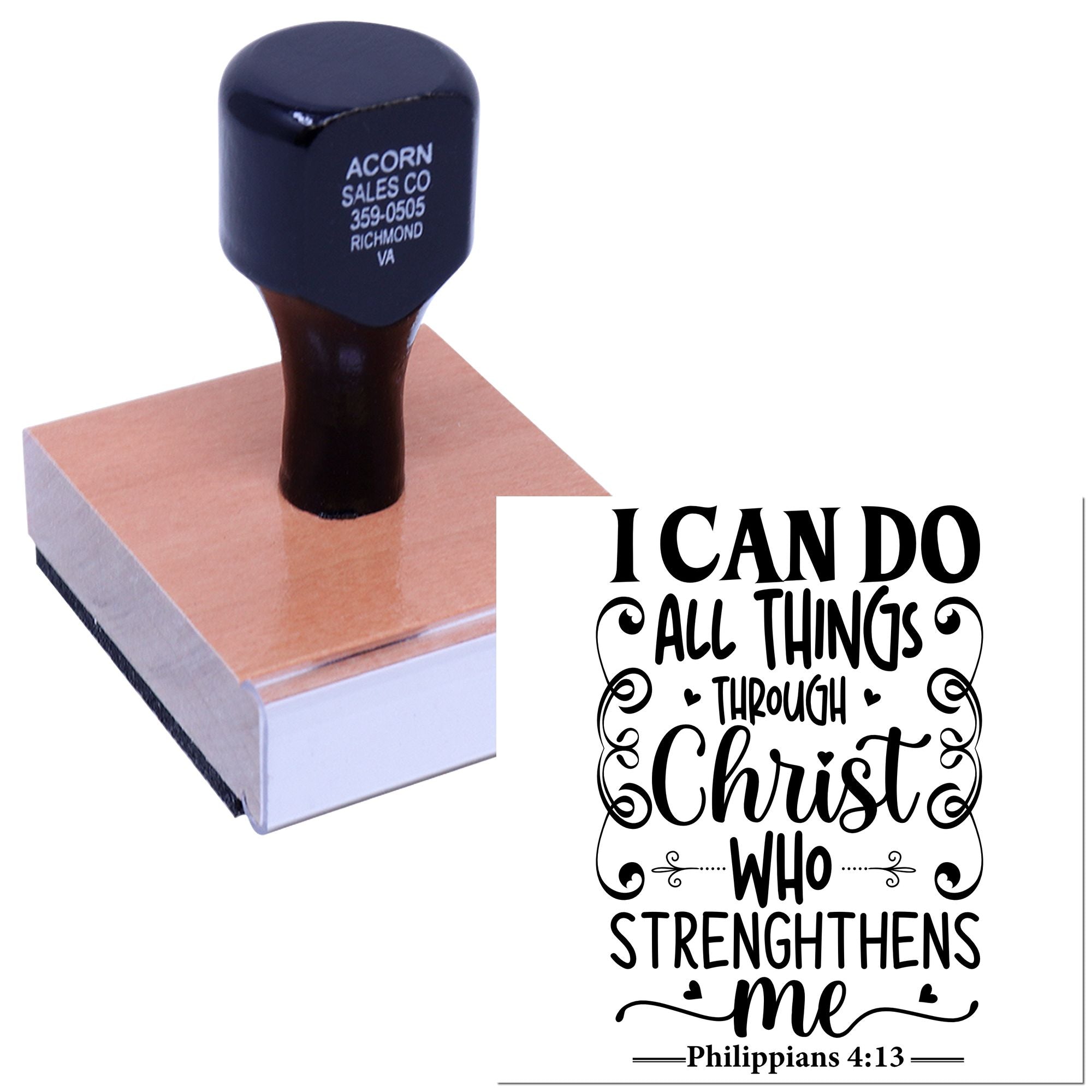 Religious rubber stamp with Philippians 4:13 quote, I can do all things through Christ, for faith-based crafts and Bible journaling.