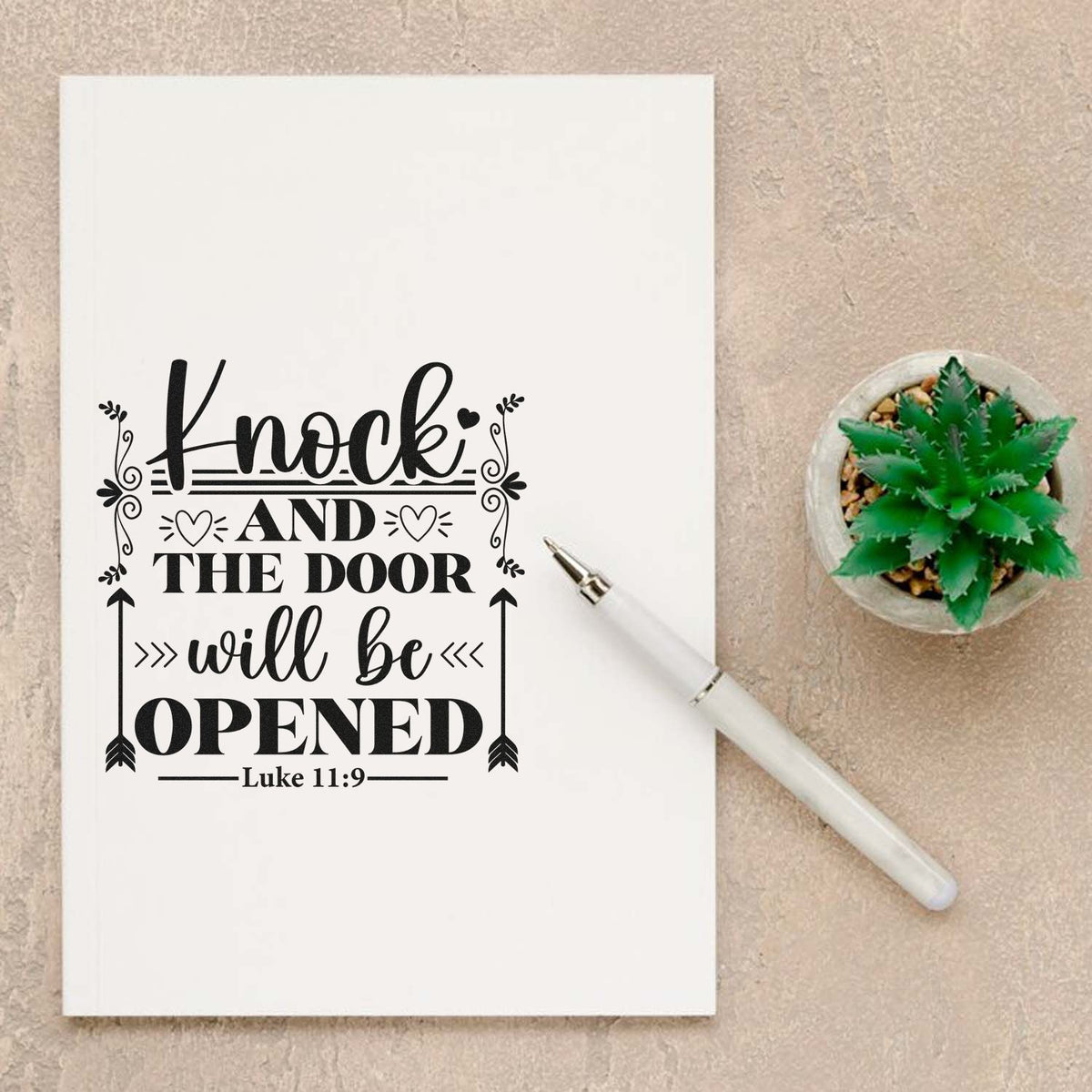 Bible verse rubber stamp design with Luke 11:9, Knock and the door will be opened, for Christian journaling and crafts.