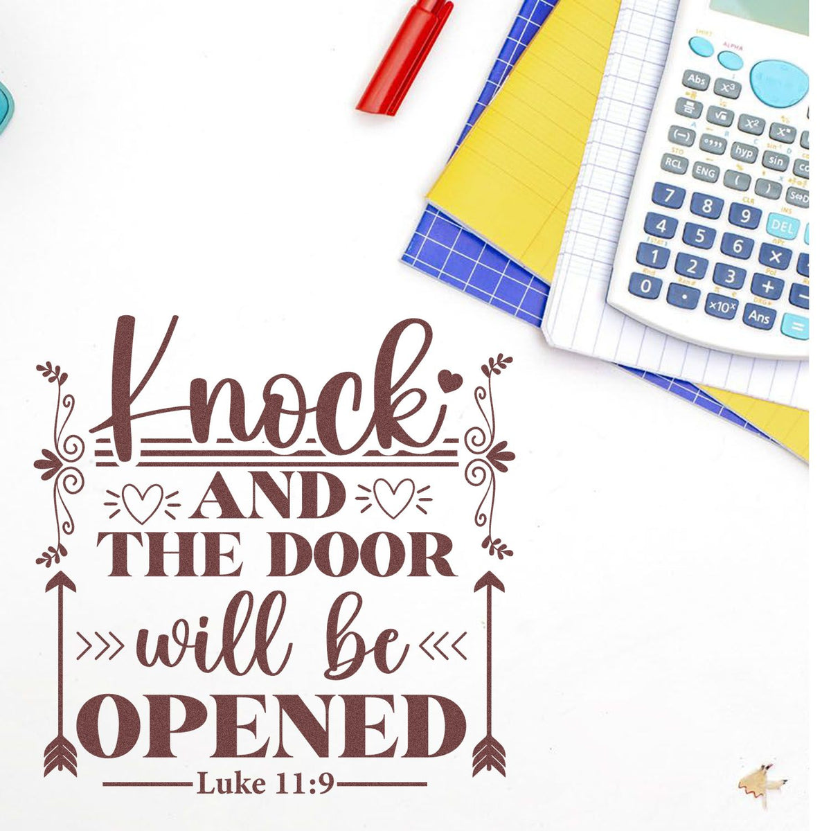 Christian rubber stamp design with Luke 11:9 verse, Knock and the door will be opened, for faith-based paper crafts.