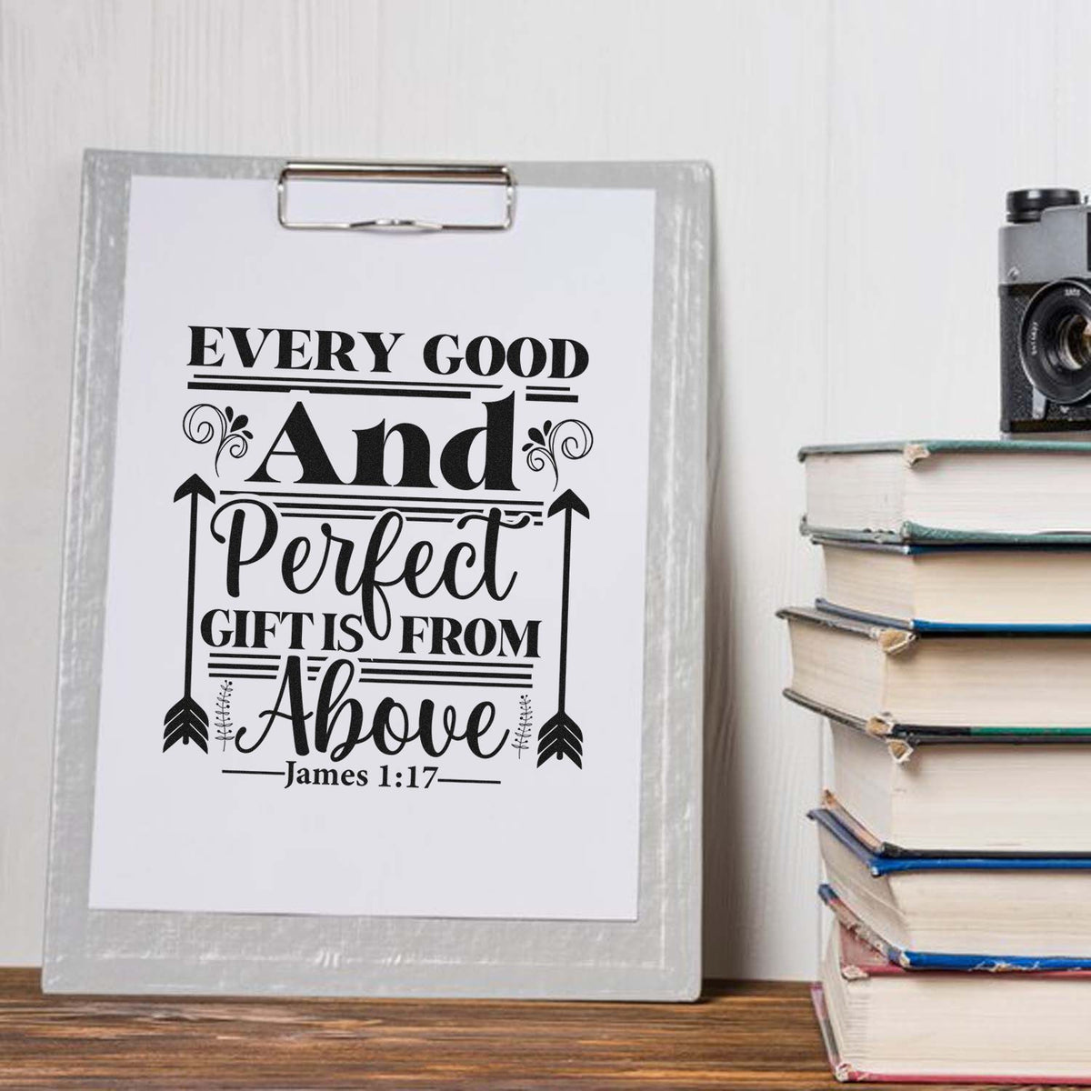 Christian rubber stamp design featuring James 1:17 quote, Every good and perfect gift is from above, on a clipboard.