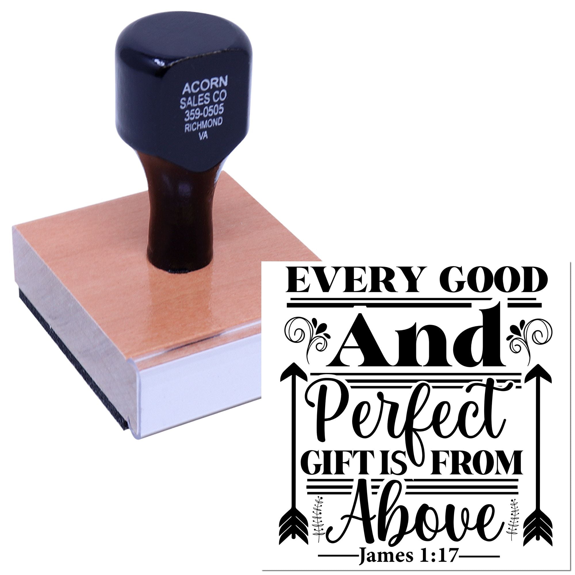 Custom Bible verse rubber stamp with Every good and perfect gifts from above James 1:17 design.
