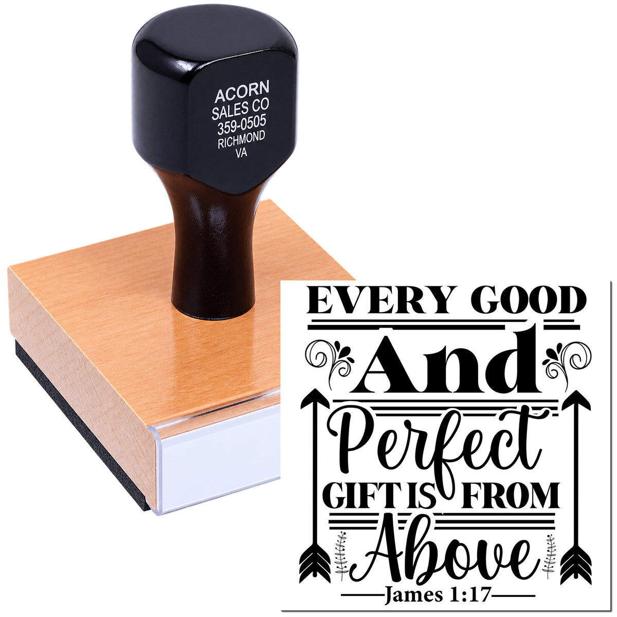 Custom Bible verse rubber stamp with Every good and perfect gifts from above James 1:17 design.