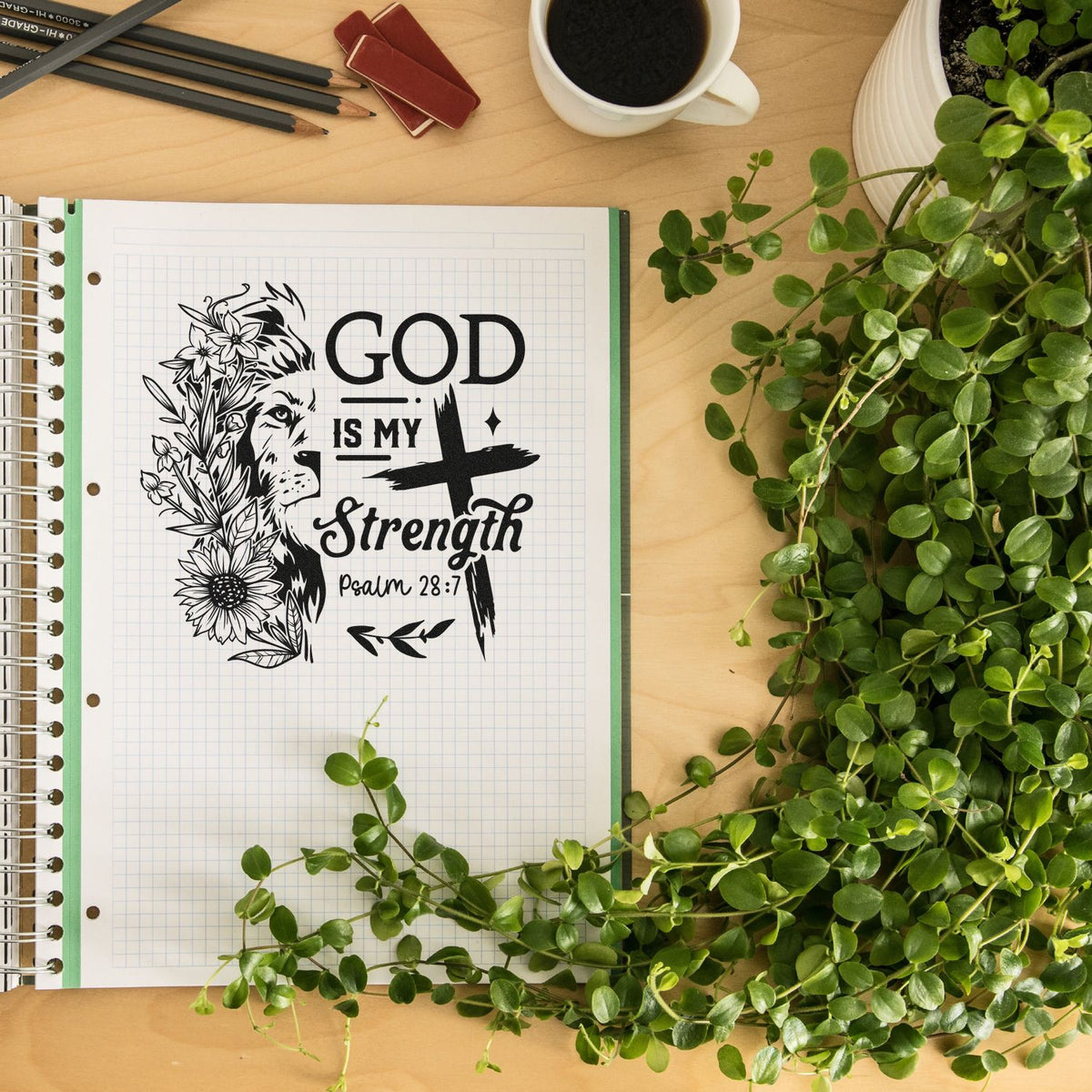 Christian rubber stamp design reading God Is My Strength with Psalm 28:7, perfect for faith-based journaling and card making.