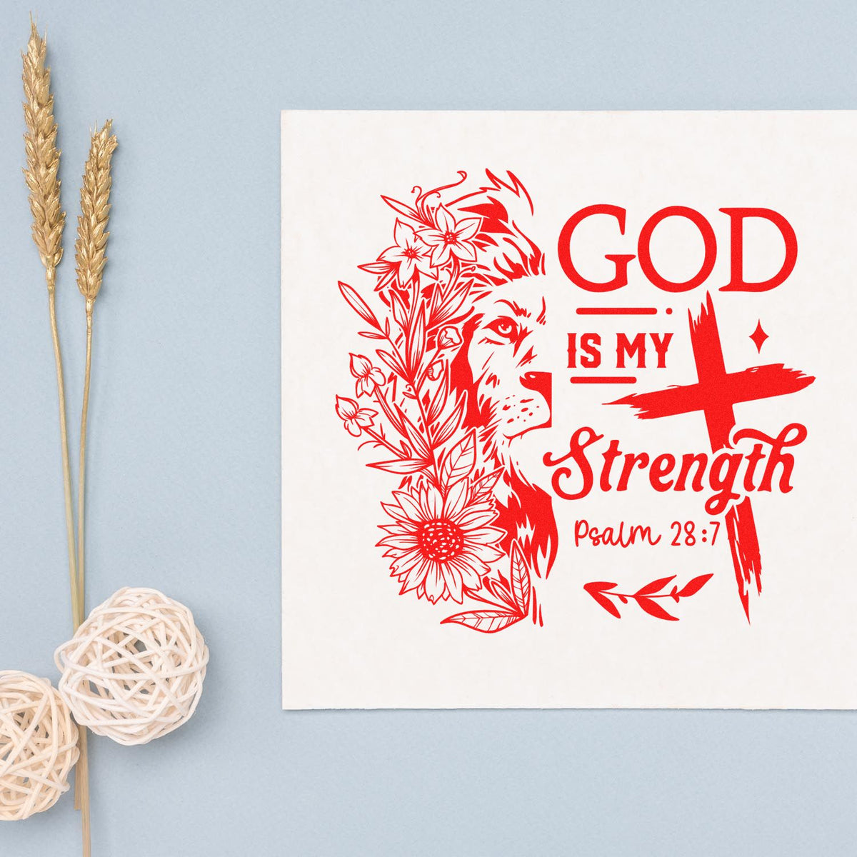 God Is My Strength Lion rubber stamp shown in red ink, stamped for projects such as lion party favors.