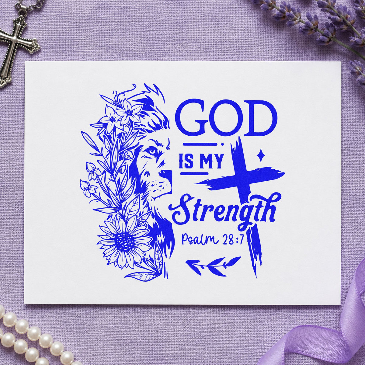 God Is My Strength Lion craft stamp imprinted in blue ink on paper, a design suited to youth camp crafts.